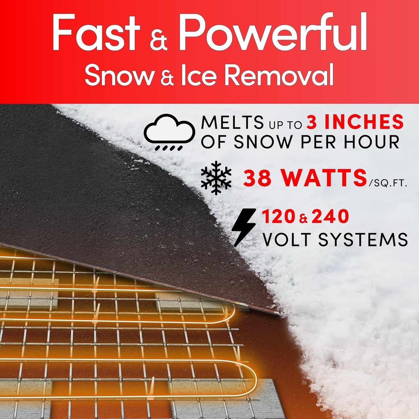 Electric Snow and Ice Melting Underground Cable 128 feet, Covers 42 sqft at up to 38 Watts/sqft, 240V – Radiant Heated Driveways, Walkways, Stairs – Installs Under Concrete, Asphalt, or Pavers