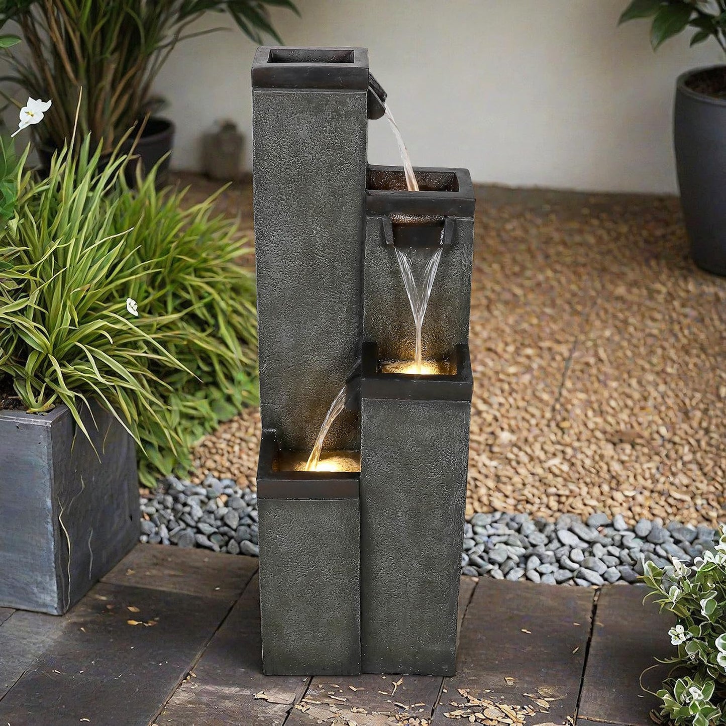 SunJet 4-Tier Modern Water Fountain, Indoor/Outdoor Resin Water Fountains with Soothing Water Sounds, Perfect for Garden, Patio, Home & Office, 12.5" L x 9.4" W x 39.3" H