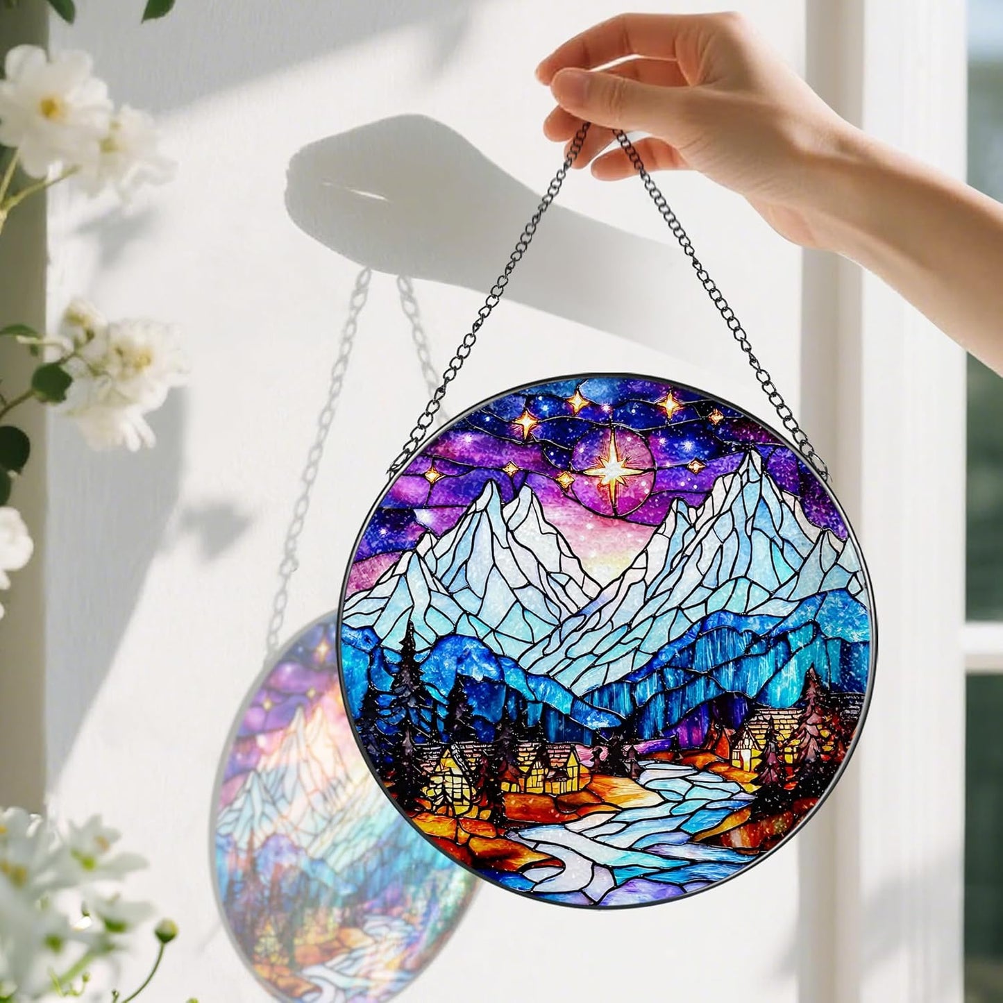 Stained Glass Window Hanging, Pauyadu 8 Inch Night Court Sun Catcher, Stained Glass Suncatcher Ornament, Suncatchers for Windows Hanging, Starlight Lover Gift, Gifts for Women, Friend, Lover