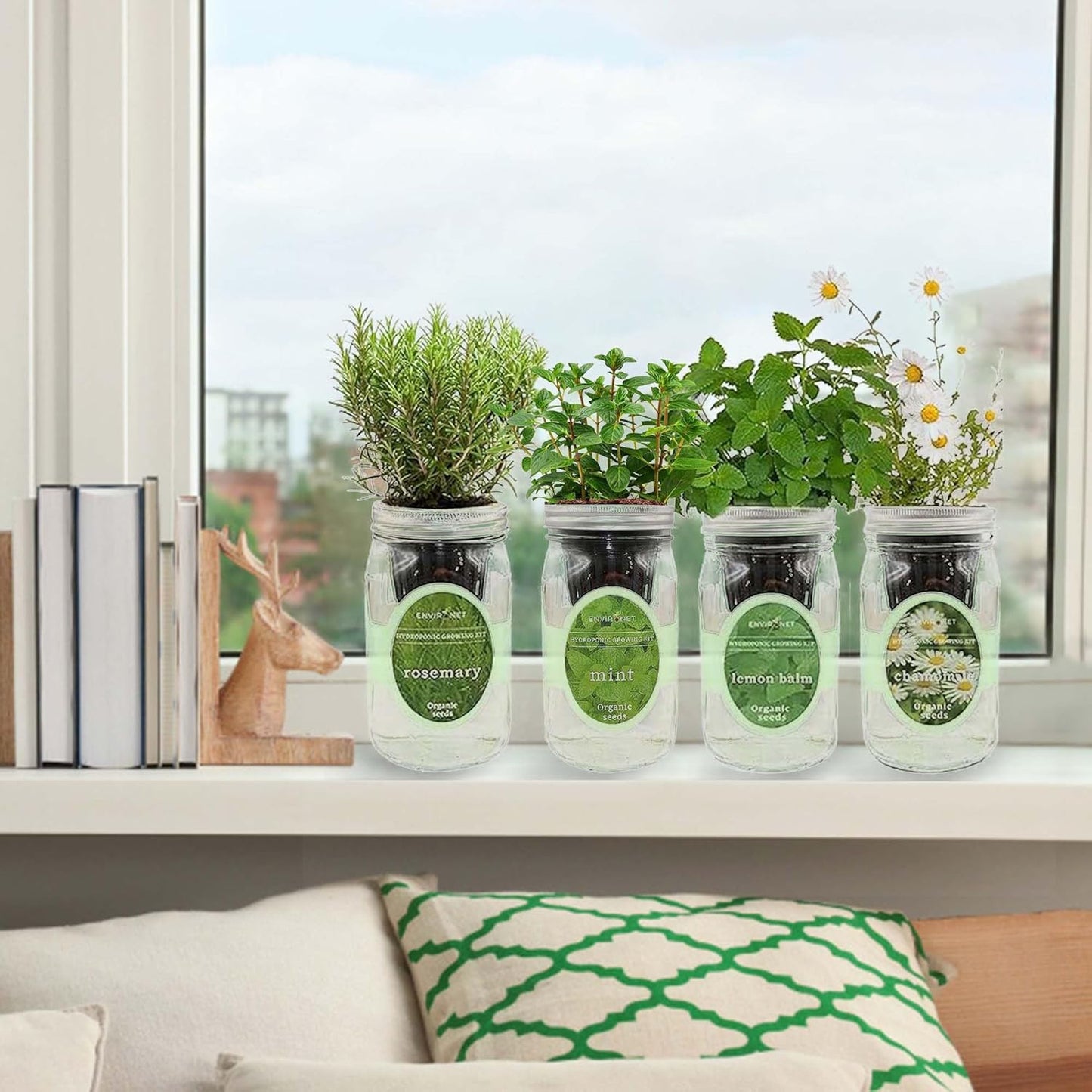 Hydroponic Mason Jar Organic Herbal Tea Seed Starter Kits - Herbal Tea Garden Growing Kits, Gardening Gift, Grow Your Own Herbal Teas Indoor (Chamomile, Mint, Lemon Balm, Rosemary)