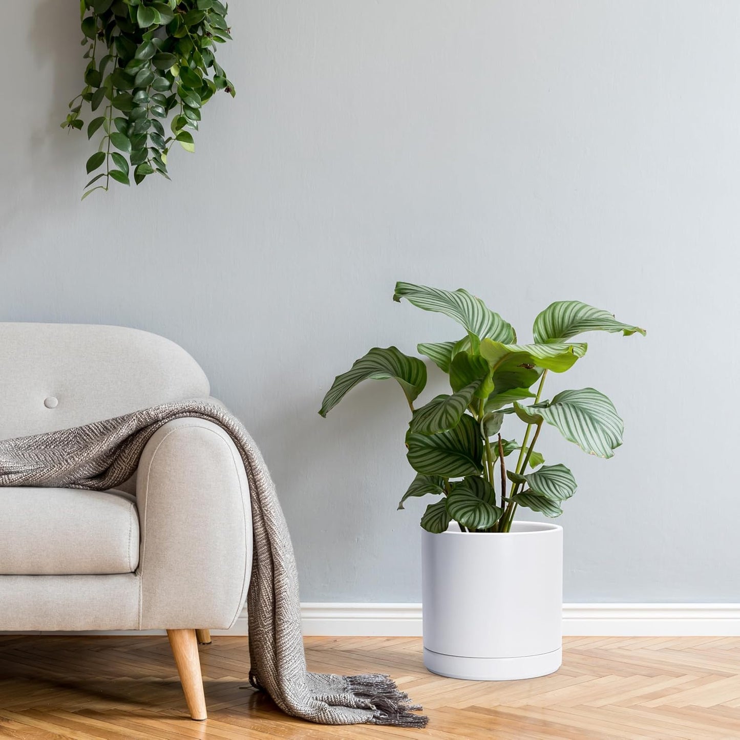 D'vine Dev 6 Inch & 8 Inch & 10 Inch, Set of 3 Round Ceramic Planter Pot with Drainage Hole and Saucer, White, 94-T-L-1