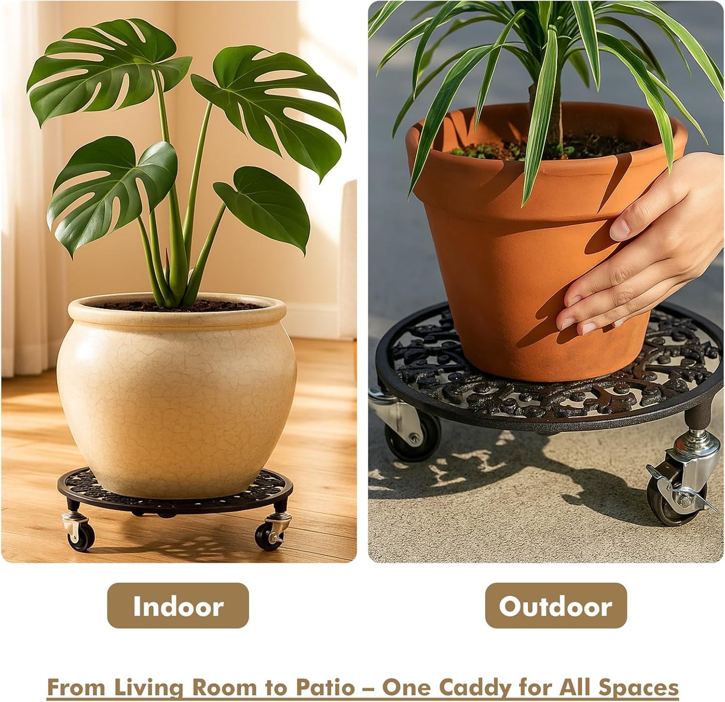 2 Pack Plant Caddy with Wheels 14 Inch Rolling Plant Stand for Large Plants Heavy Duty Plant Rollers Metal Plant Dolly Rustproof Planter Stand Wrought Iron Plant Stands Flower Cart Indoor Outdoor