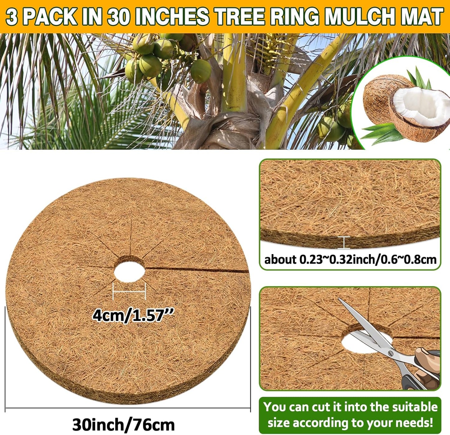 ZeeDix 3 Pack 30 Inch Coconut Fiber Tree Mulch Ring, 100% Natural Coco Coir Tree Ring Mulch Mat, Coconut Coir Discs Plant Cover Tree Protectors Mats Mulch Rings for Landscaping Trees Outdoor Plants