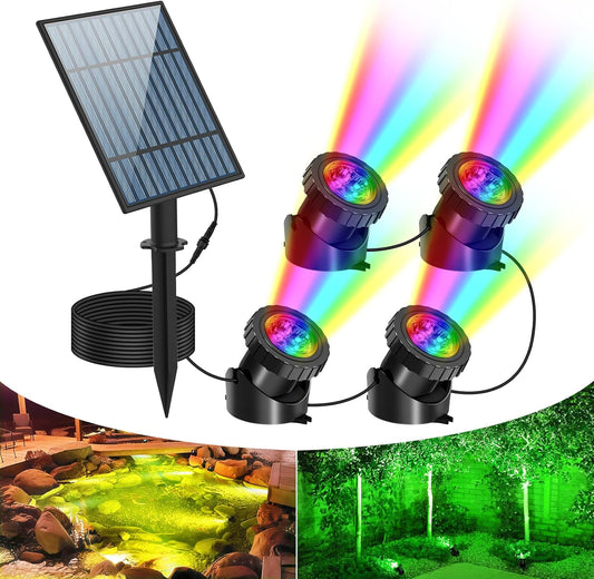 T-SUN Solar Pond Lights, 4-in-1 RGB Underwater Pond Light, Color Changing Submersible Fountain Lights, Solar Fish Tank Light Adjustable Lighting Angle for Garden Fountain, Pond, Pool Decoration