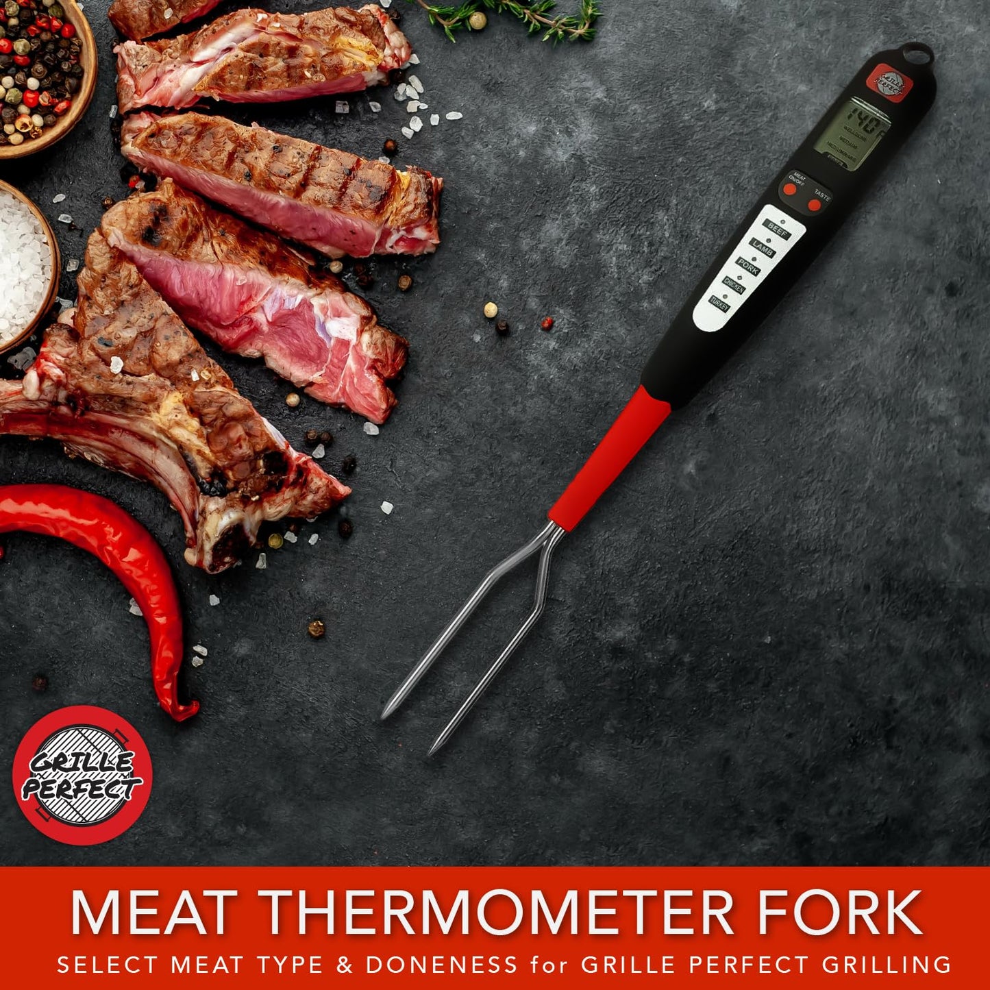 Digital Meat Thermometer Fork for Grilling and Barbecue Fast Read Electronic Probes with Ready Alarm Quick Accurate BBQ Temperature for Steak Chicken Hot Grilled Food