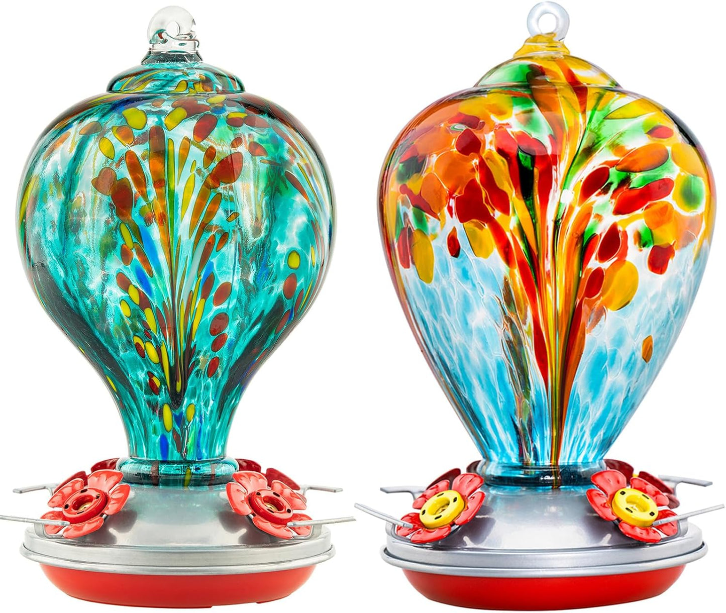 2 Packs Hummingbird Feeder for Outdoors Hanging Ant and Bee Proof, 32OZ & 34OZ, Hand Blown Glass Hummingbird Feeders for Outside, Blue & Teal