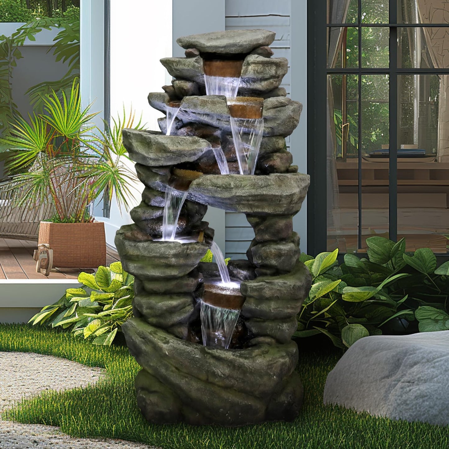 SunJet 60" High 7-Tiers Cascading Rock Outdoor Water Fountain with LED Lights - Large Outdoor Fountains and Waterfalls for Garden or Patio, Yard, and Deck Decor, Featuring Natural Stone Look
