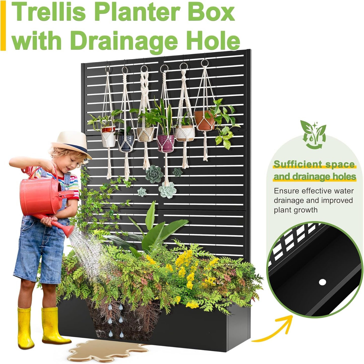 FENCY Metal Raised Garden Bed with Trellis, Metal Planter Box with Trellis, Garden Box for Climbing Plants Vegetable, 47" Lx16 Wx71 H Garden Bed with Drainage Holes(Black-Louvered)