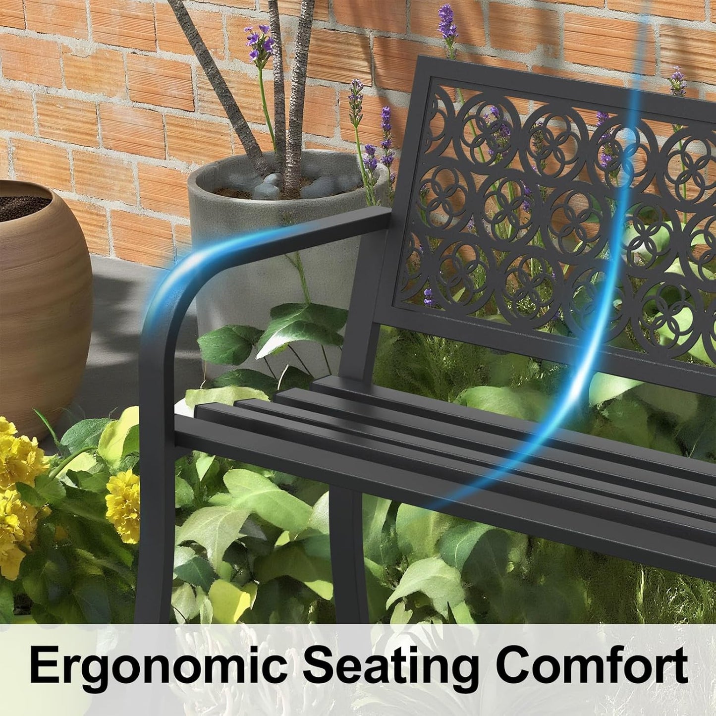 44" Heavy Duty Outdoor Bench, Wrought Iron Weatherproof Garden Bench Black Metal Patio Bench for Park Proch Yard 880lbs