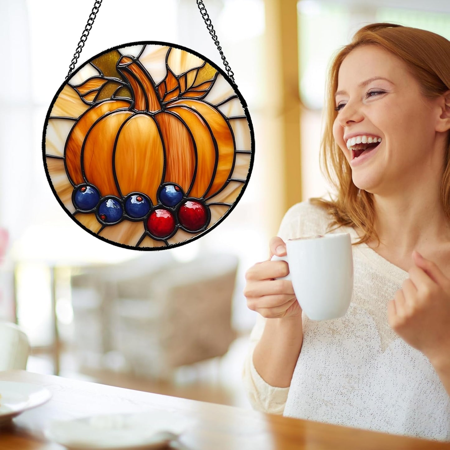 Stained Glass Window Hanging Fall Pumpkin Berries Large 15" - Suncatcher Door Garden Kitchen Sunroom Sun Catcher Autumn Home Decor Birthday for Mom Grandma Men Woman