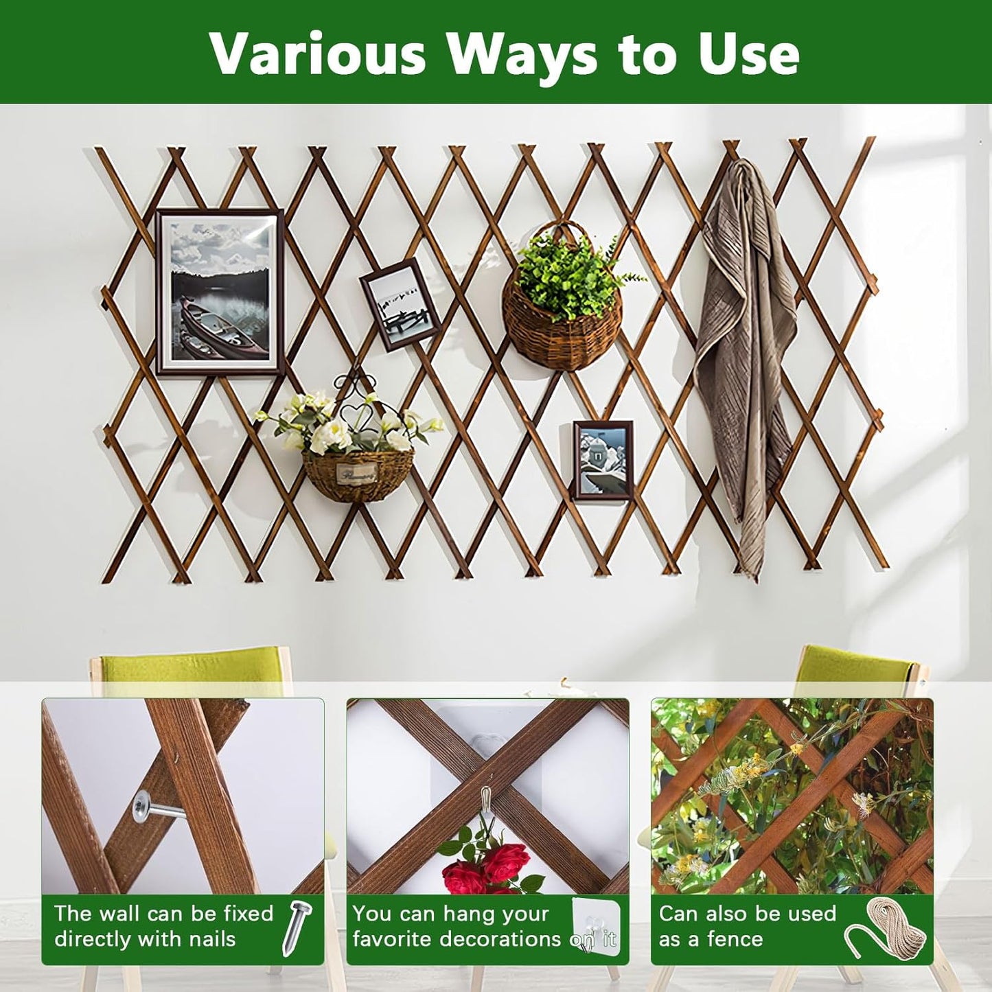 4 PCS Expandable Garden Trellis, 37" x 90" Trellis for Climbing Plants Outdoor, Wooden Lattice Fence Wall Panel Lattice Panels for Outside, for Climbing Plants Vine Ivy Rose Cucumbers Clematis