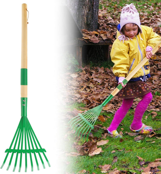 Kids Rakes with Hardwood Handle - Metal Kids Leaves Rakes, 28" Child Size Lawn Rakes with Vibrant Green Heads, Garden Tool Set for Kids Boys and Girls