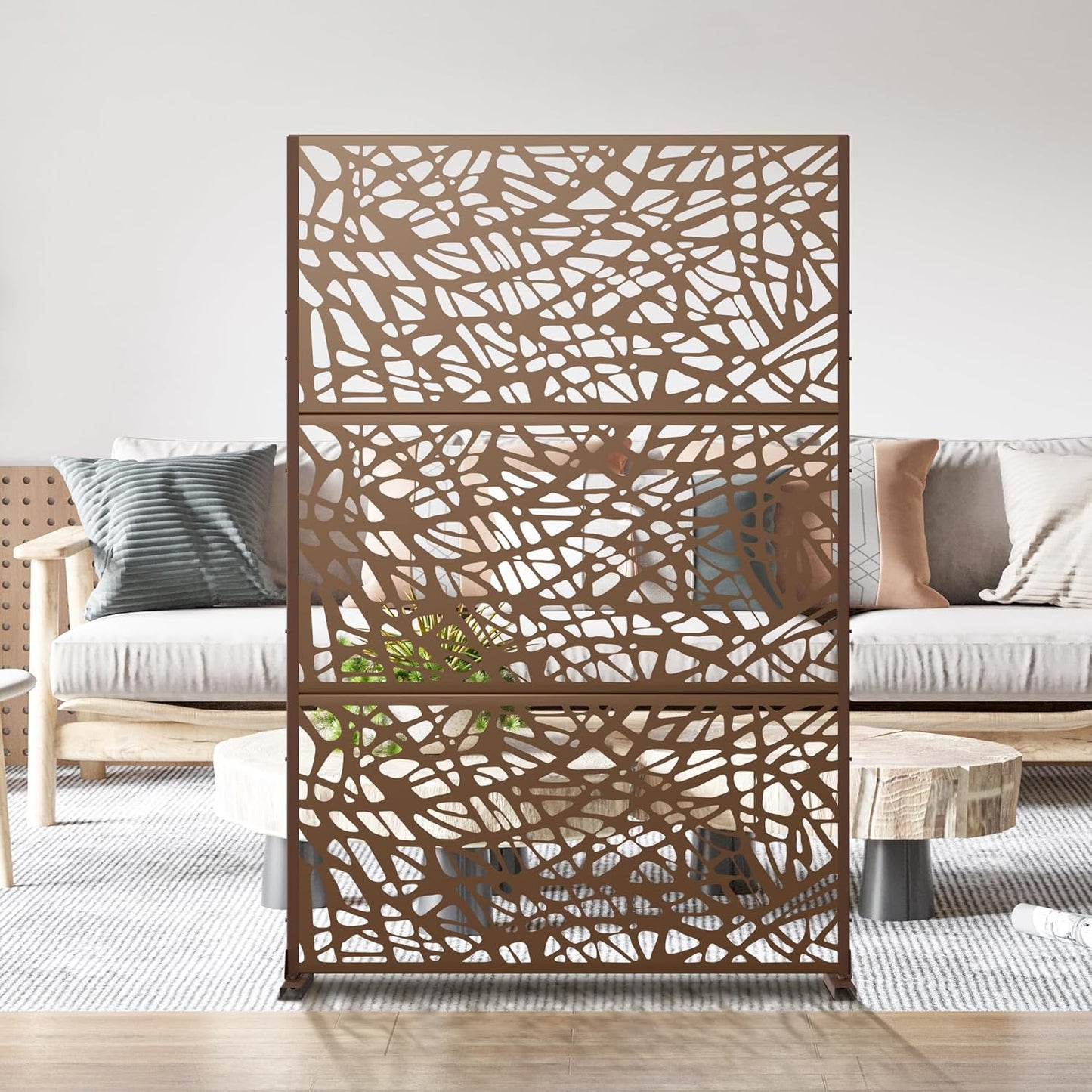 Metal Privacy Screen Outdoor 72" H×47" W,Freestanding Decorative Privacy Screen for Balcony Yard&Garden,Privacy Fence-Brown&Net