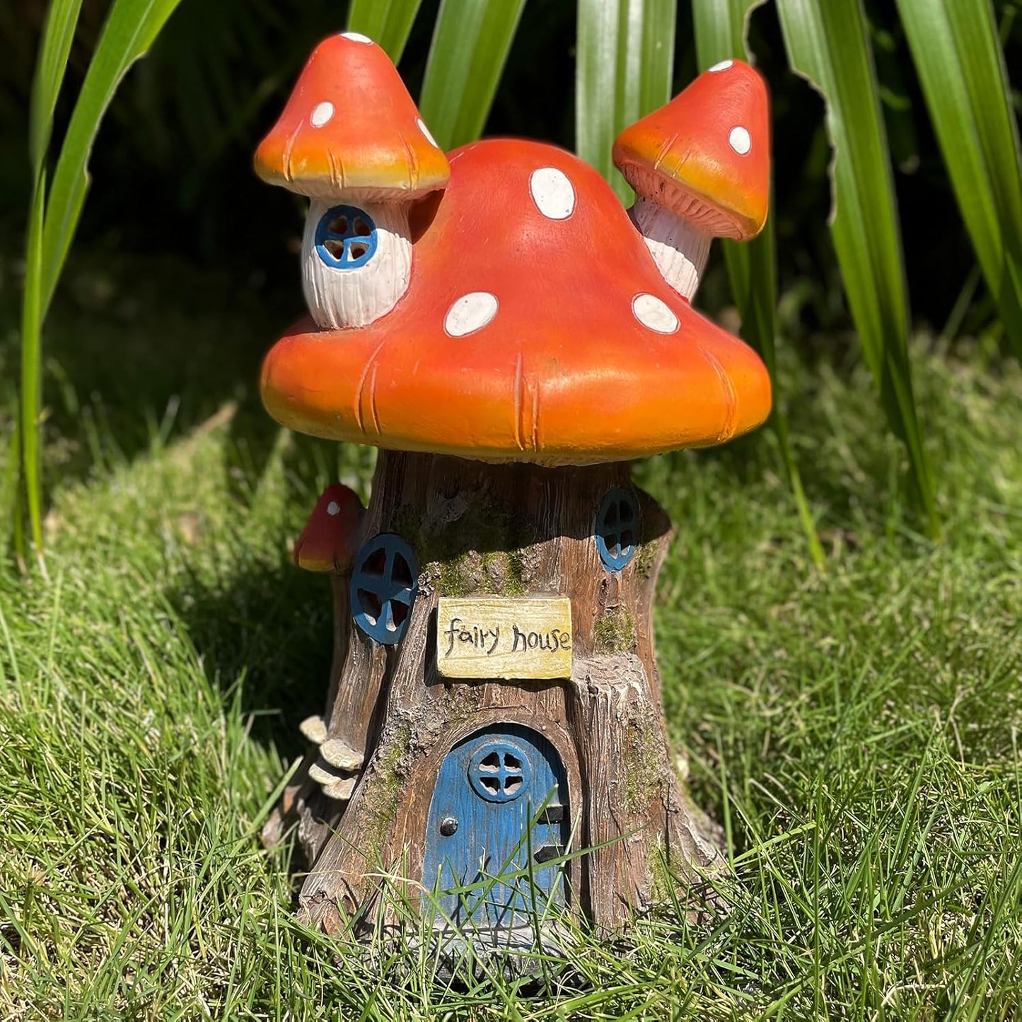 COWOS Mushroom House Sculptures, Collection of Resin Garden Sculptures, Resin Fairy House Statue, Solar Fairy Garden Figurine with Warm White Light Mushroom for Outdoor, Lawn, Yard Decoration