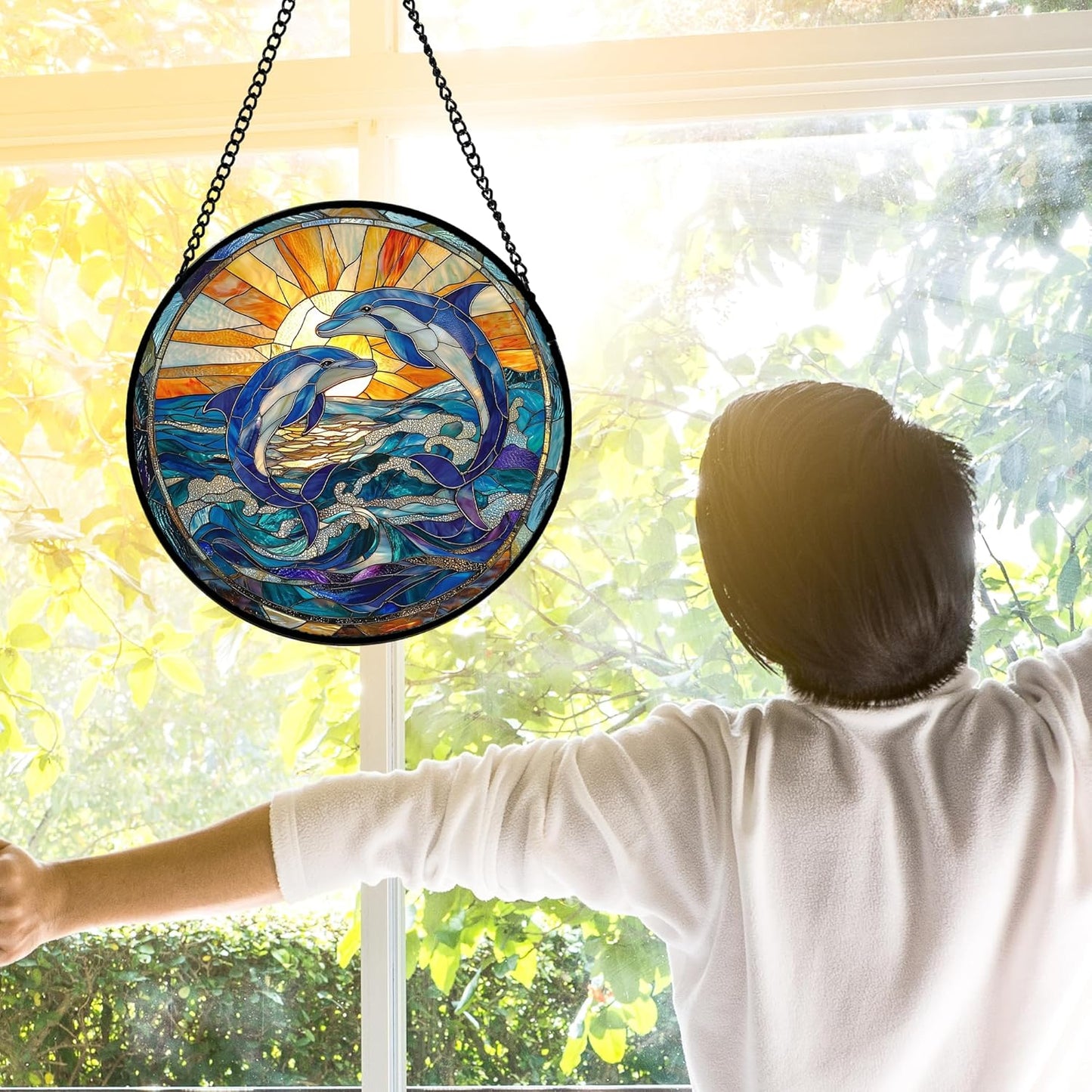 Stained Glass Window Hanging, Blue Dolphin Sun Catchers Colorful Glass Panel Sunrise Sea View Suncatcher Decor for Birthday for Women, Men, Wife, Aunt, and Mom 9.8 in