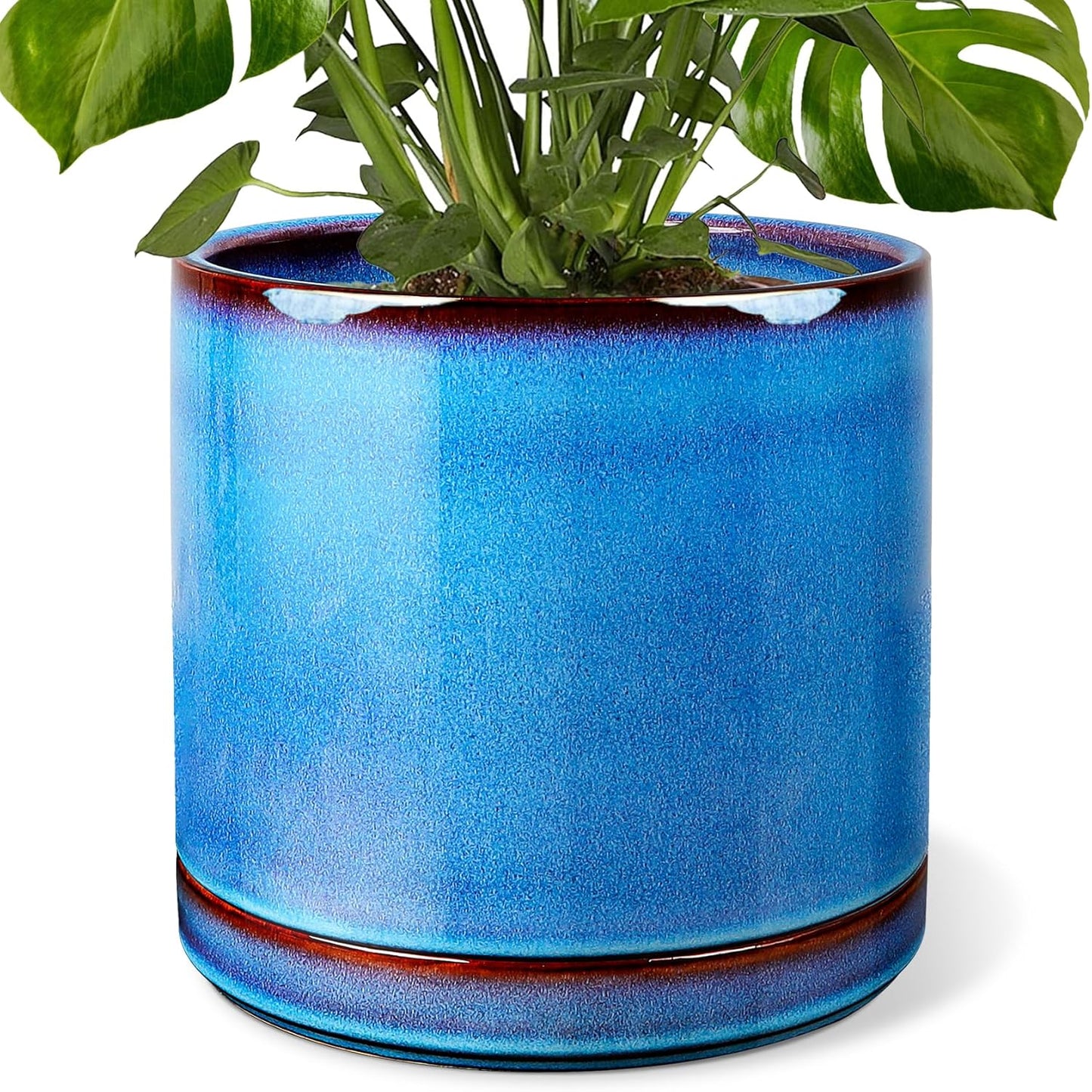 EFISPSS 10 Inch Plant Pot, Ceramic Large Planter for Outdoor Plants, Plant Pots with Drainage Hole and Saucers, Modern Flower Pot for Home Garden Patio Office - Blue
