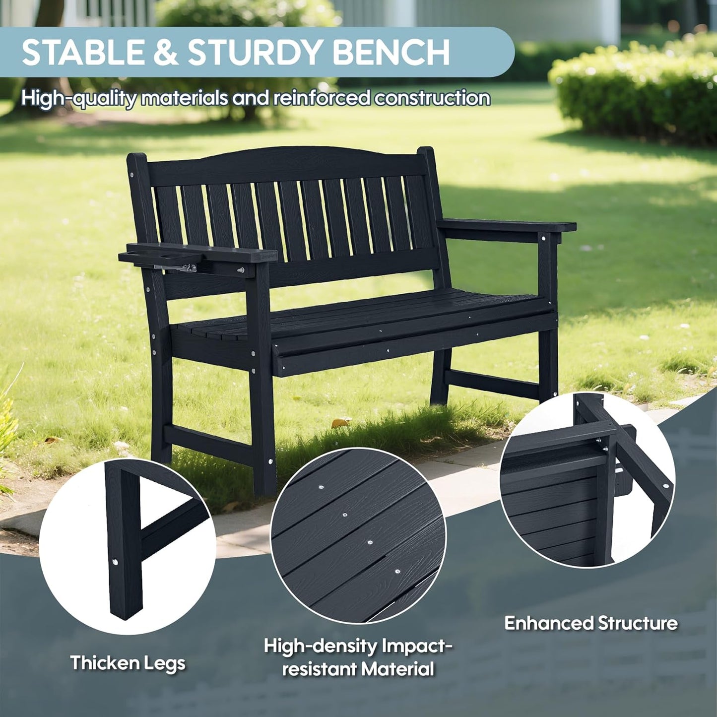 2-Person HIPS Outdoor Bench, Weatherproof Garden Bench with 800 lbs Weight Capacity, Artificial Wood Grains, Never Rot or Fade, Patio Benches for Garden, Porch, Balcony, Backyard,Park, Black