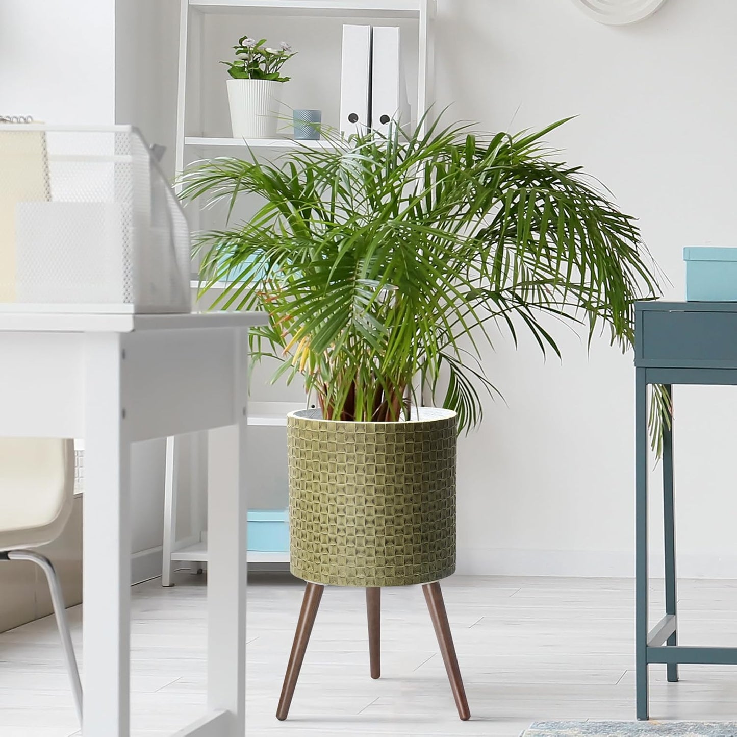 D'vine Dev 14 Inch Modern Geometric Tile Patterned Sleek Planter Pot with Stand, Indoor Outdoor Decorative Plant Holder, Distressed Olive, 88-Z-D-4