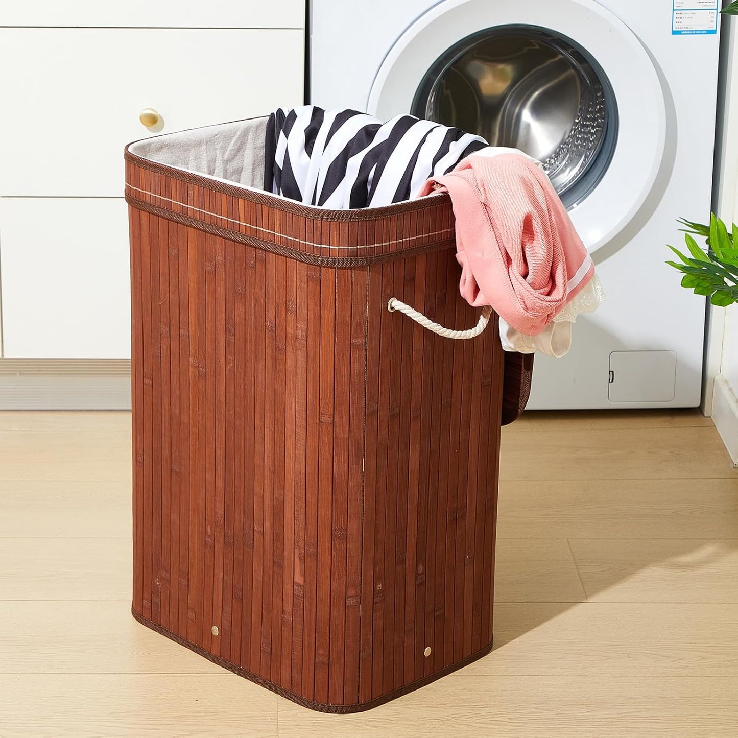 2 Pack Bamboo Slim Trash Can with Lid, 21 Gallon Large Rectangular Trash Bin, Foldable Slim Garbage Can Bamboo Waste Basket for Bathroom Bedroom Office Home Salon Spa (Brown)