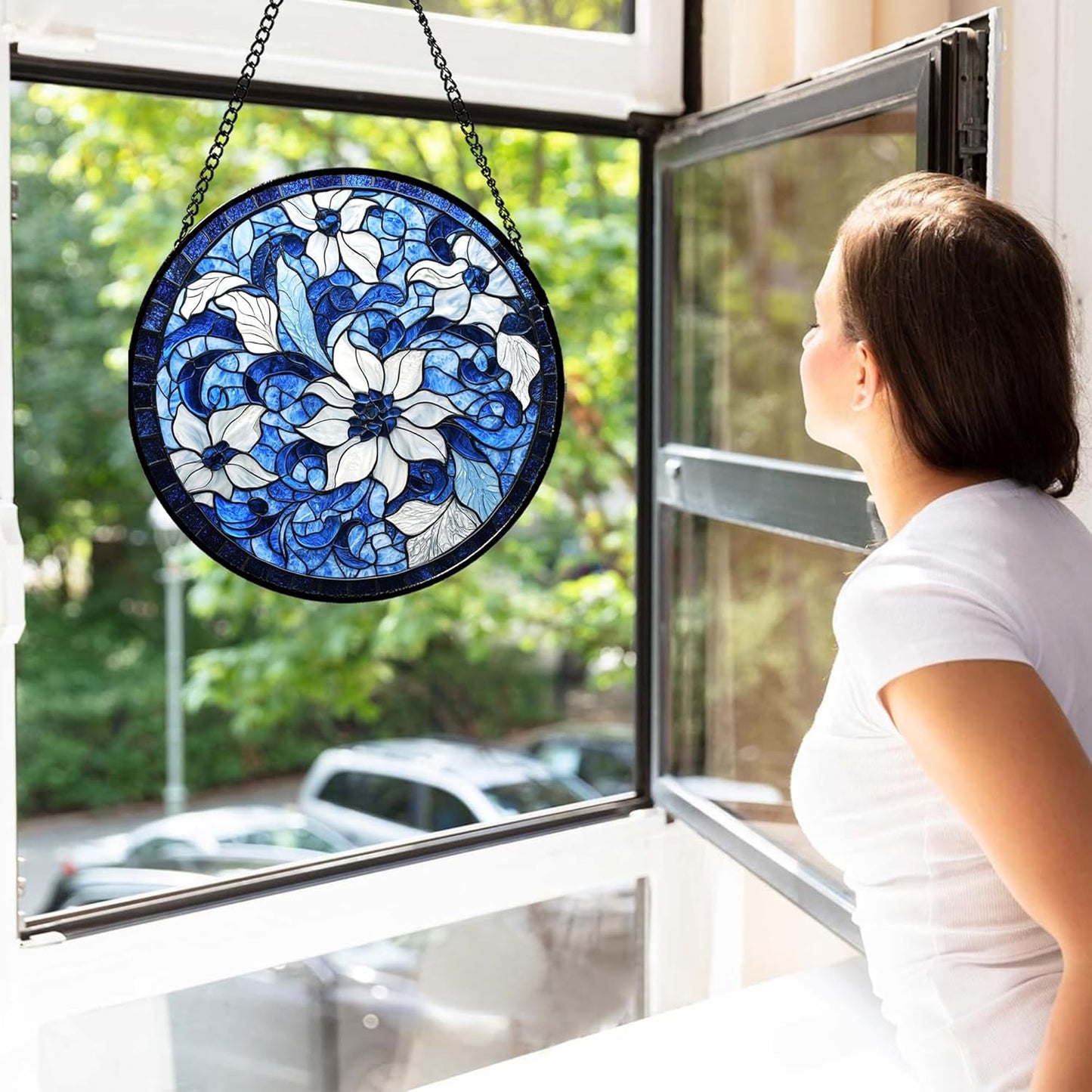 Stained Glass Window Hanging - Blue White Flowers Suncatcher for Doors Garden Patio Boho Style Sun Catchers Decor Christmas Mother's Day Birthday Gifts for Women Men Mom Nana Friend 6.3 in