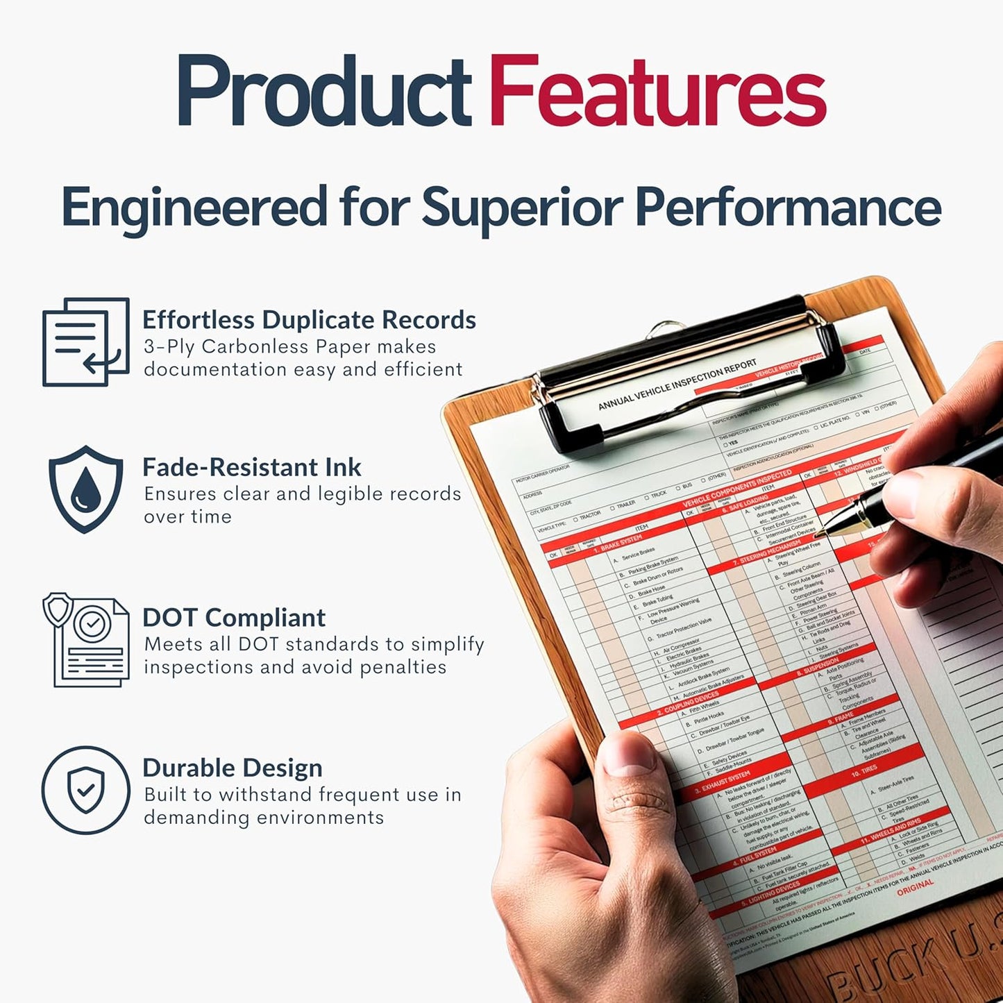 5 Pack 3-Ply Carbonless Annual Vehicle Inspection Report Forms with FMCSA Red Aluminum Adhesive Labels, DOT Inspection Forms and Stickers, Shrink-Wrapped, 8.5" x 11.75" - Made in USA