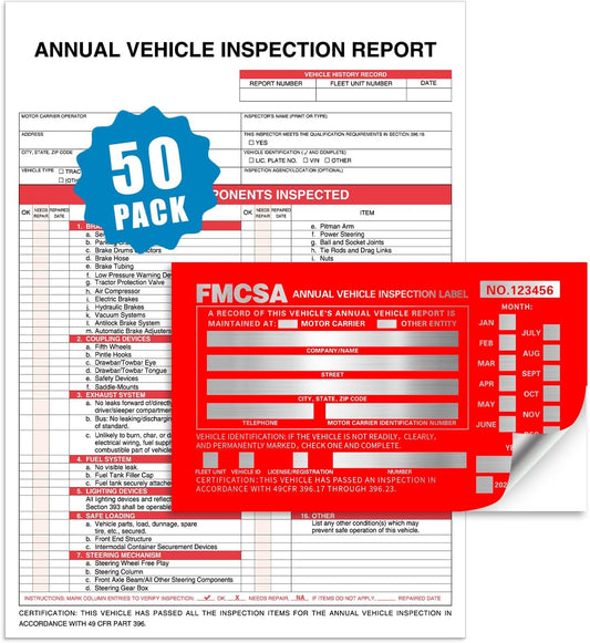 Goldenfox DOT Inspection Forms and Stickers,50-Pack,3-Ply Carbonless Annual Vehicle Inspection Report Form(8.5" x 11.75) with Red Exterior Aluminum Inspection Label(6"x3.5"), Permanent Adhesive.