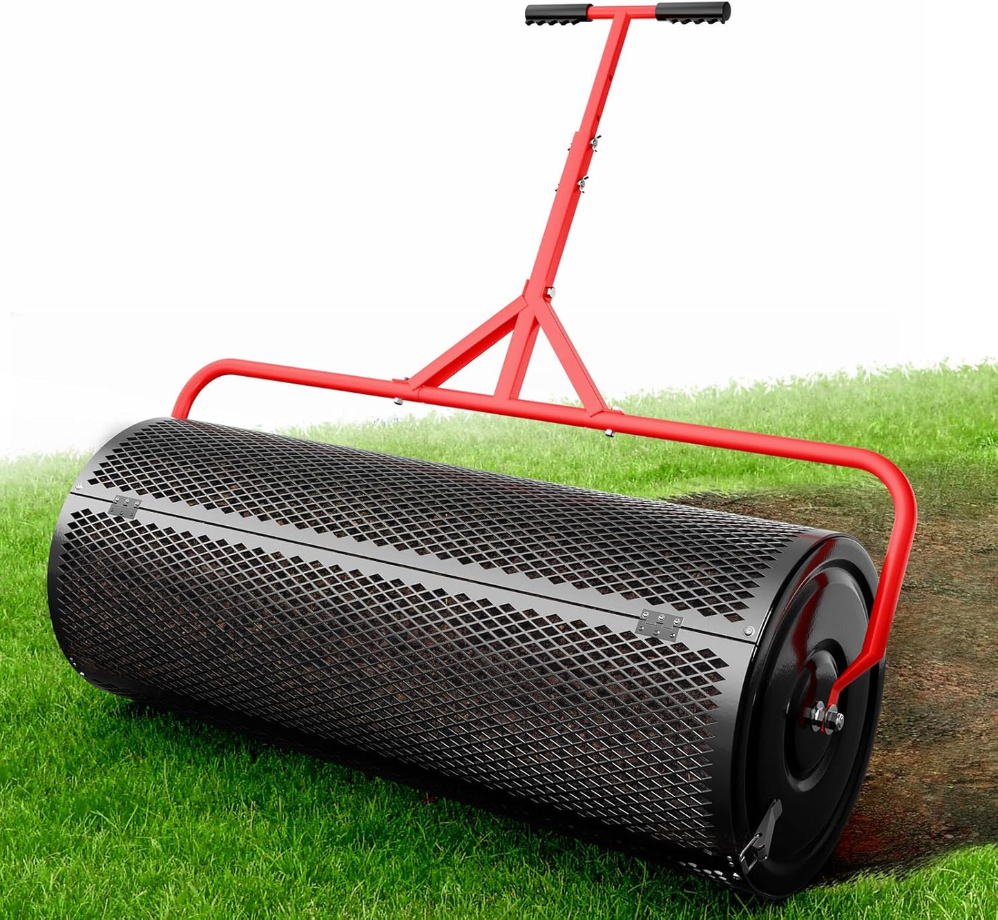 Compost Peat Moss Spreader for Lawn, 36 Inch Compost Roller Spreader with Adjustable T-Shaped Handle, Upgraded Side Clasps, Durable Lightweight Metal Roller, Lawn Garden Yard Care