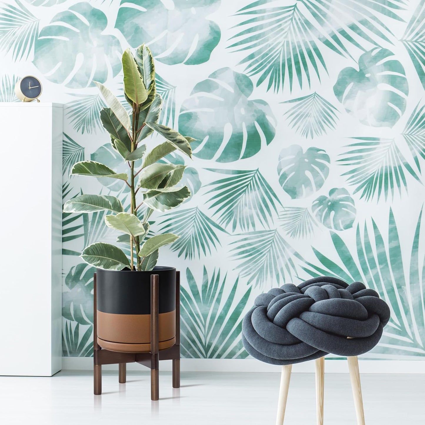 D'vine Dev Ceramic Planter with Walnut Color Stand - 10 Inch Modern Round Flower Pot with Wood Planter Holder, Black/Speckled Tan, 55-B-X-7