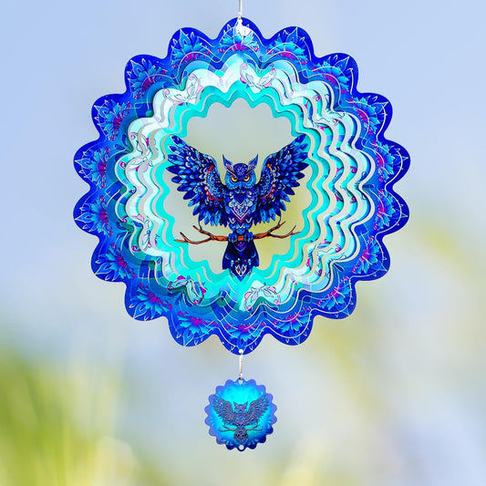 Owl Gifts for Women Men, Owl Hanging Wind Spinners Outdoor, 12Inch 3D Stainless Steel Reflective Wind Spinners Garden Decor