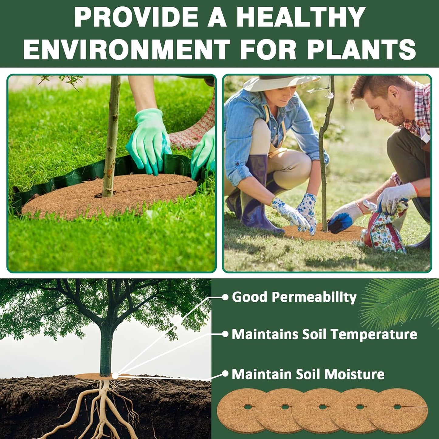 ZeeDix 4 Pack 18 Inch Coconut Fiber Tree Mulch Ring, 100% Natural Coco Coir Tree Ring Mulch Mat, Coconut Coir Discs Plant Cover Tree Protectors Mats Mulch Rings for Landscaping Trees Outdoor Plants