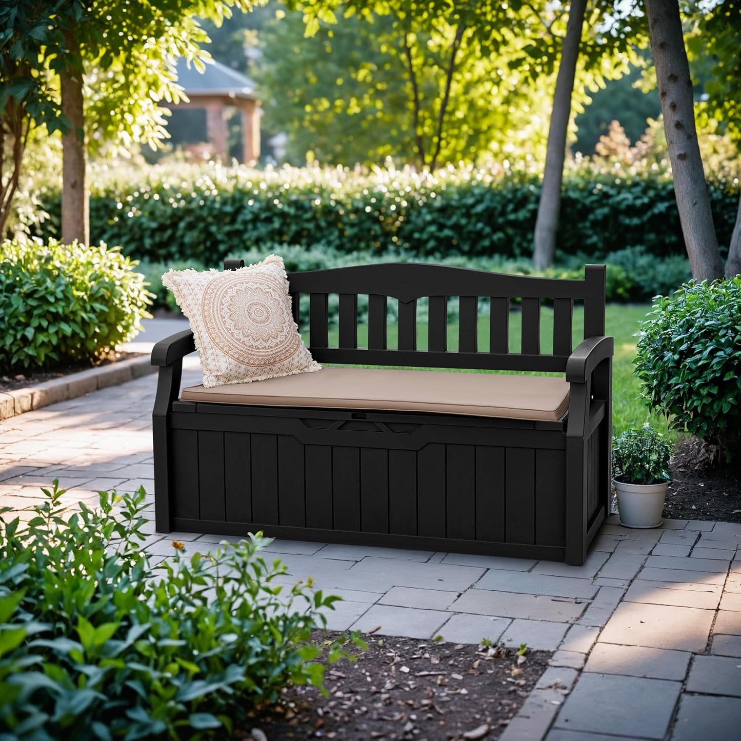 Devoko 80 Gallon Storage Bench Deck Box Lockable for Patio Furniture, Garden Decor and Outdoor Seating for Cushions, Garden Tools and Pool Supplies (Black)