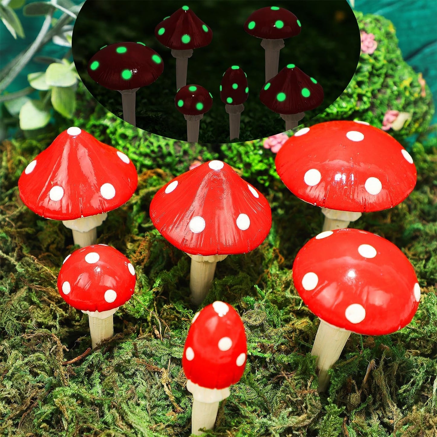 Juegoal Set of 6 Fairy Garden Miniature Mushrooms Statues, Glow in Dark Mini Red Mushroom Resin Figurines, Outdoor Garden Yard Art Accessories, Fly Agarics Sculpture Lawn Ornament Decorations