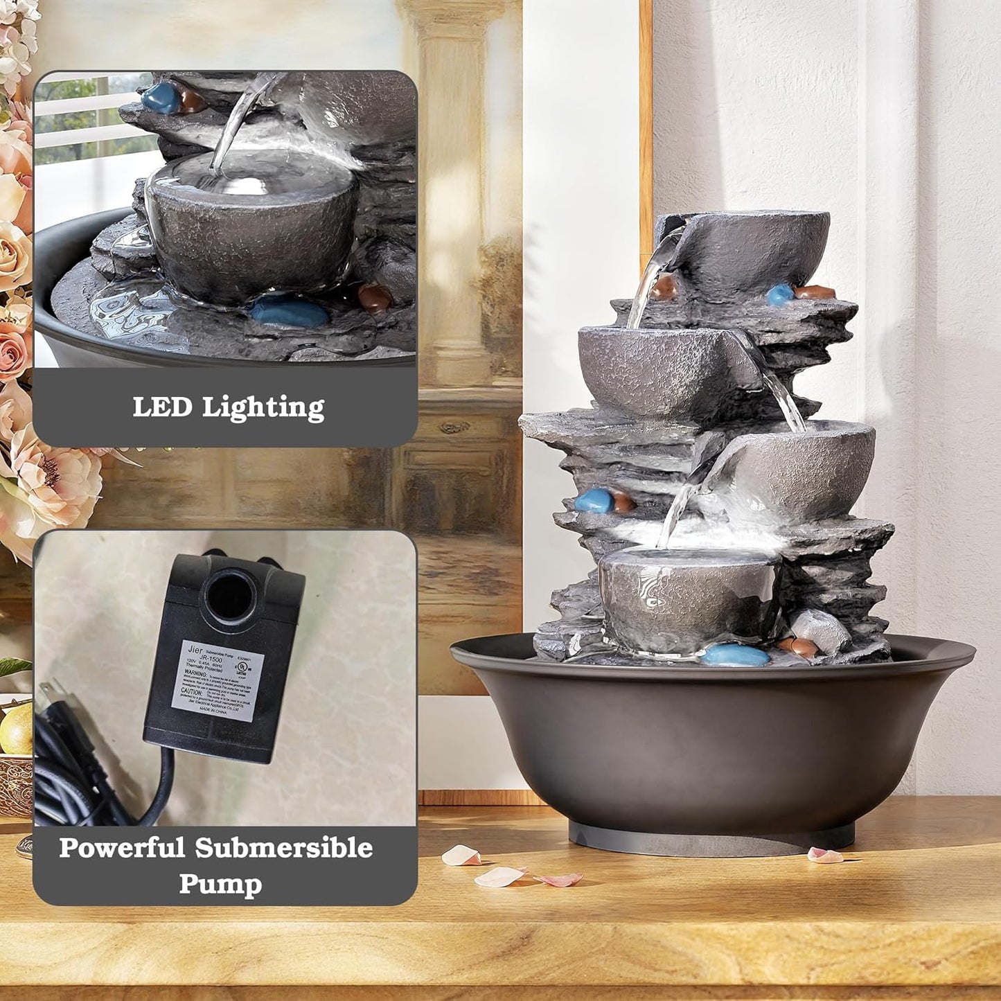 10.6inch Tabletop Fountain, Indoor Waterfall Fountains with LED Light, Realistic Rock Design for Soothing Ambiance in Bedrooms, Living Rooms, Offices, or Meditation Spaces