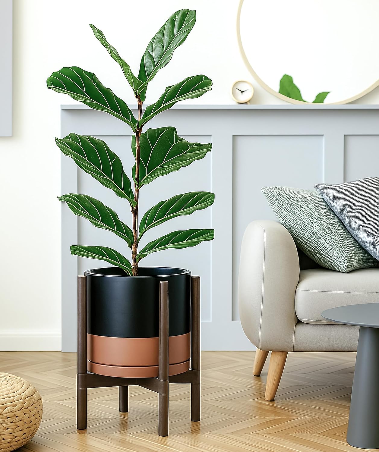 D'vine Dev Ceramic Planter with Walnut Color Stand - 12 Inch Modern Round Flower Pot with Wood Planter Holder, Black/Speckled Tan, 55-B-W-7