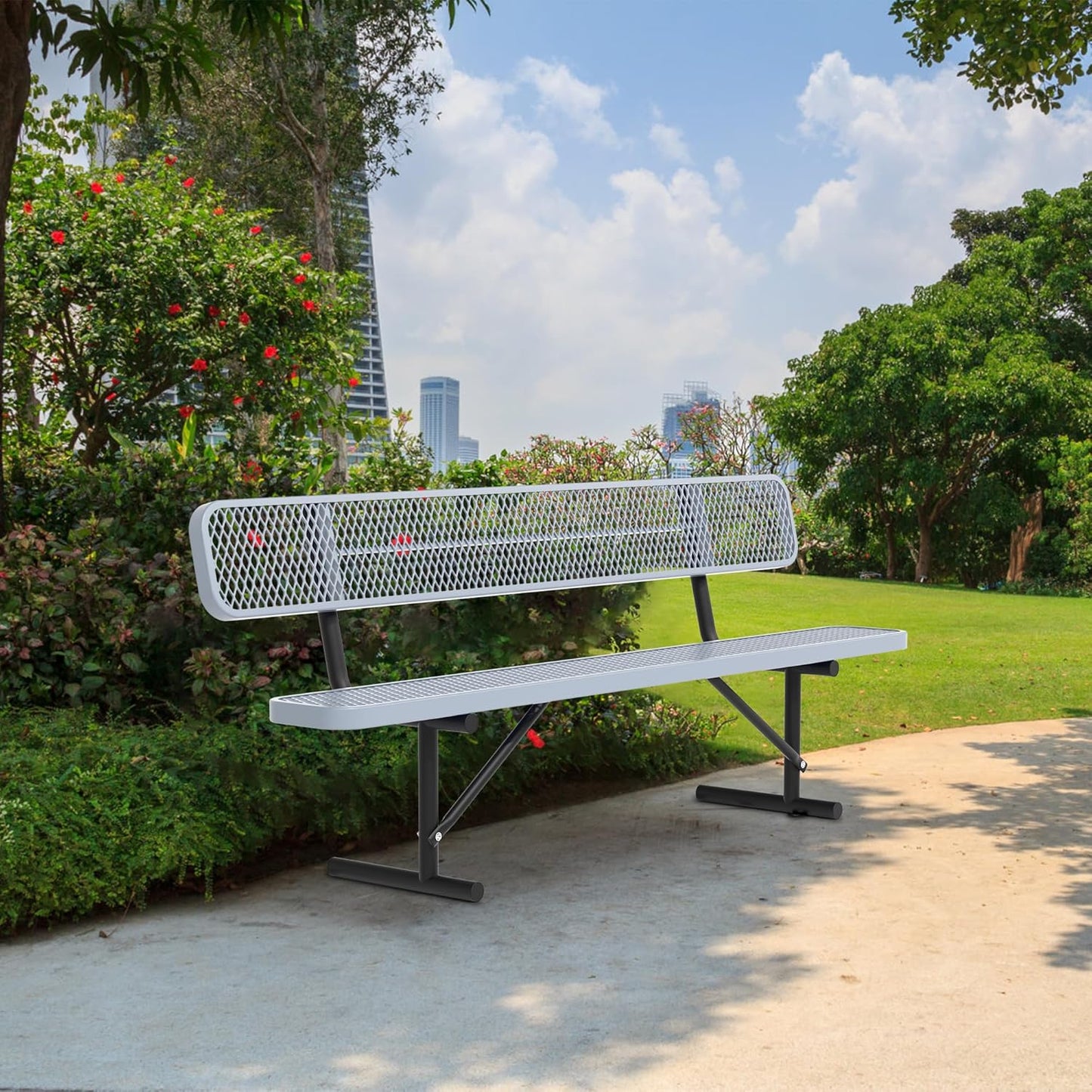 8FT Benches for Outside, Heavy-Duty Outdoor Garden Bench W/Back, Metal Park Bench for Sitting Area, Commercial Bench for Patio Porch Backyard School Sports Church Locker Room Shopping Centers