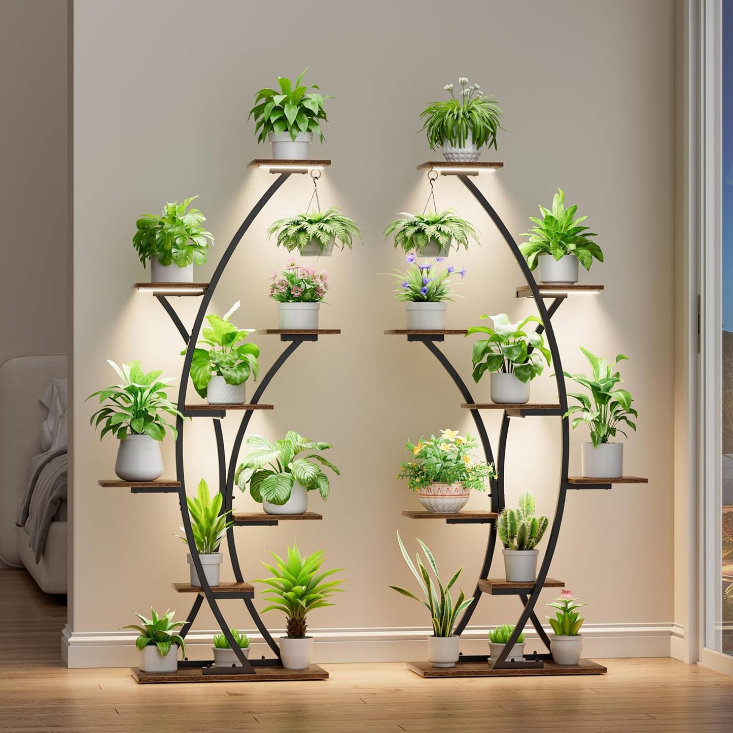Plant Stand Indoor with Grow Lights: 64" 2 Pack Large Plant Stands, 8 Tiered Curved Plant Shelf for Indoor Plants Multiple, Tall Lighted Corner Display Shelves, Flower Holder for Living Room, Patio
