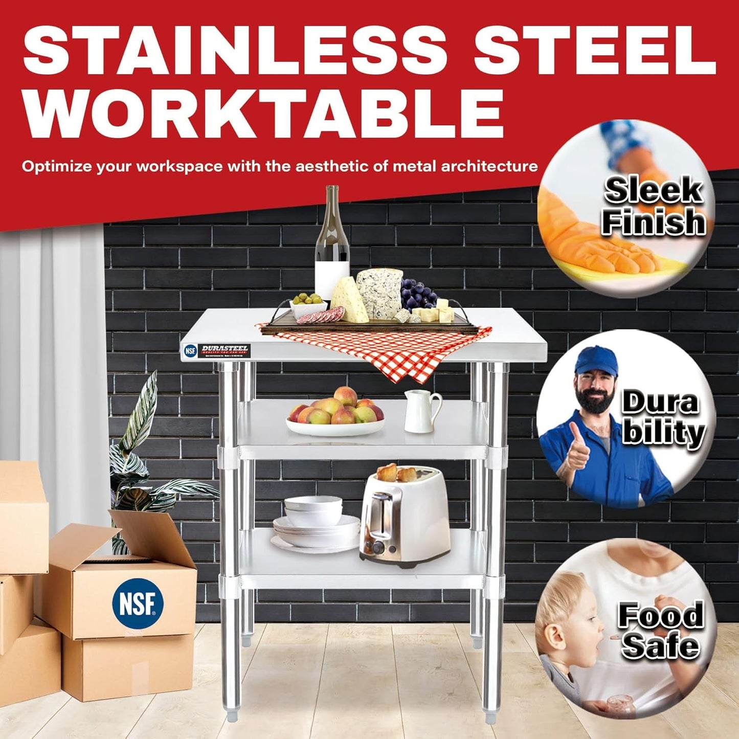 DuraSteel Food Prep Stainless Steel Table - 30 x 18 Inch Commercial Metal Workbench with Adjustable Under Shelf - NSF Certified - for Restaurant, Warehouse, Home, Kitchen, Garage