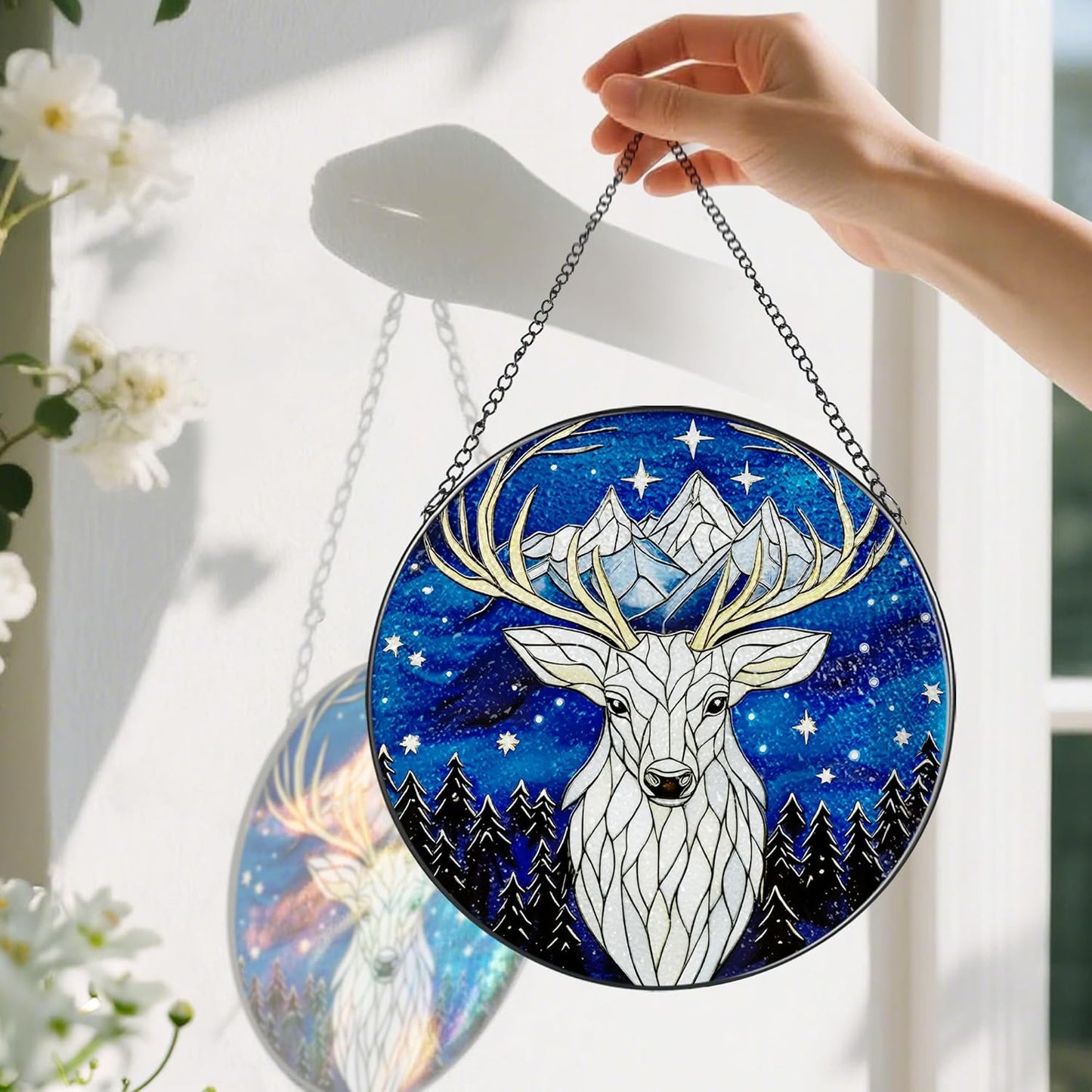 Stained Glass Window Hanging, Pauyadu 8 Inch Night Court Stained Glass Suncatcher, Sun Catchers Indoor Window, Home Decor for Windows, Nature Lover Gifts, Gifts for Women, Mom, Friend, Lover