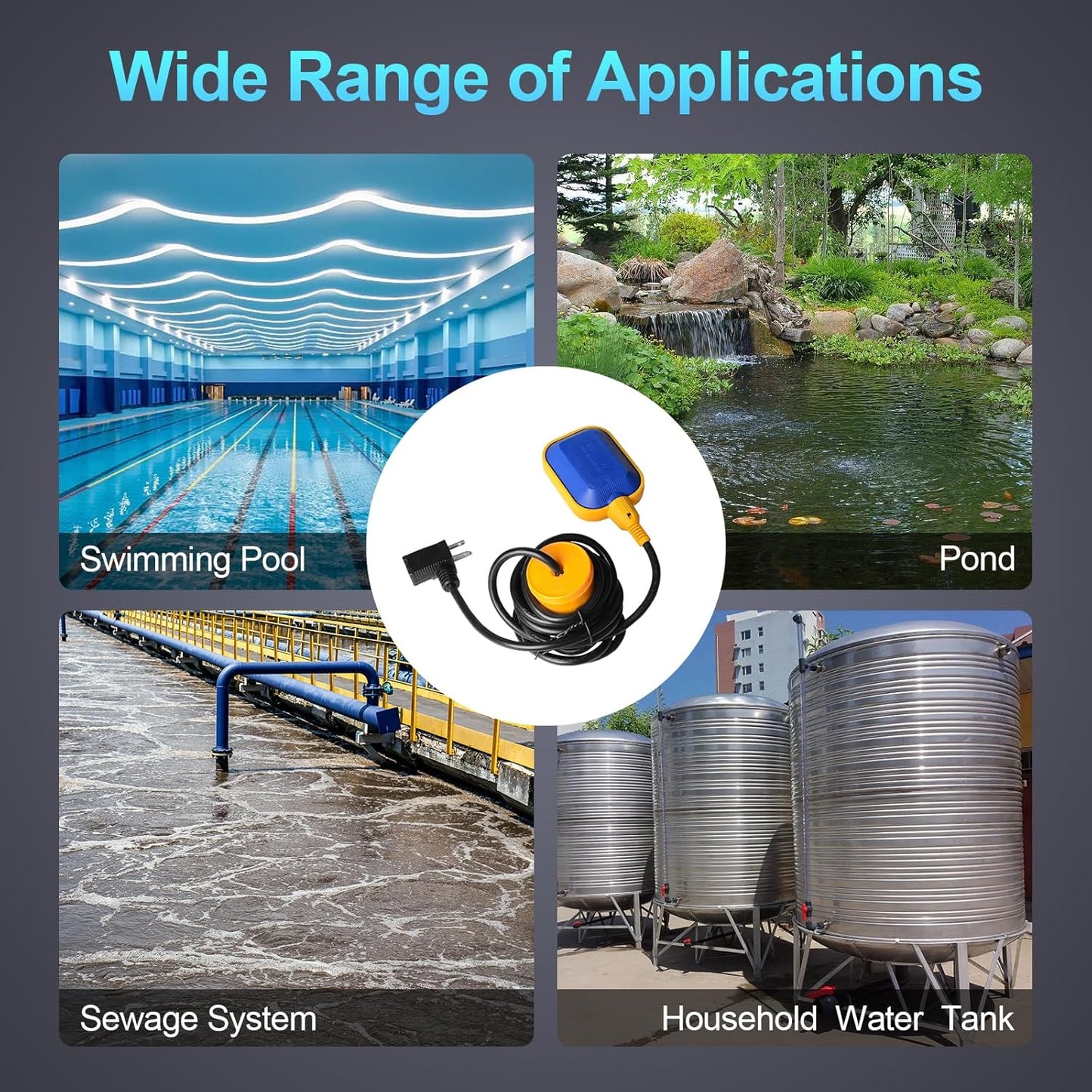 (With Counterweight) Sump Pump Universal Tethered Float Switch AC 15A 110~250V Piggyback Style Plug with 10 Feet Cord, Used in Sewage Pump, Water Tank, Septic Tank Pump, etc.