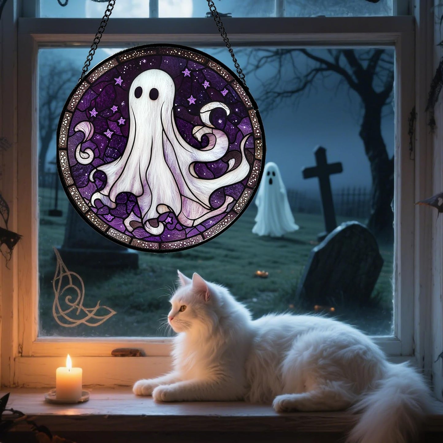 Stained Glass Window Hanging - Halloween Decorations White Ghost Purple Stars Suncatcher for Doors Garden Spooky Funny Sun Catchers Gothic Decor Horror Gifts for Women Men Friend 11.8 in