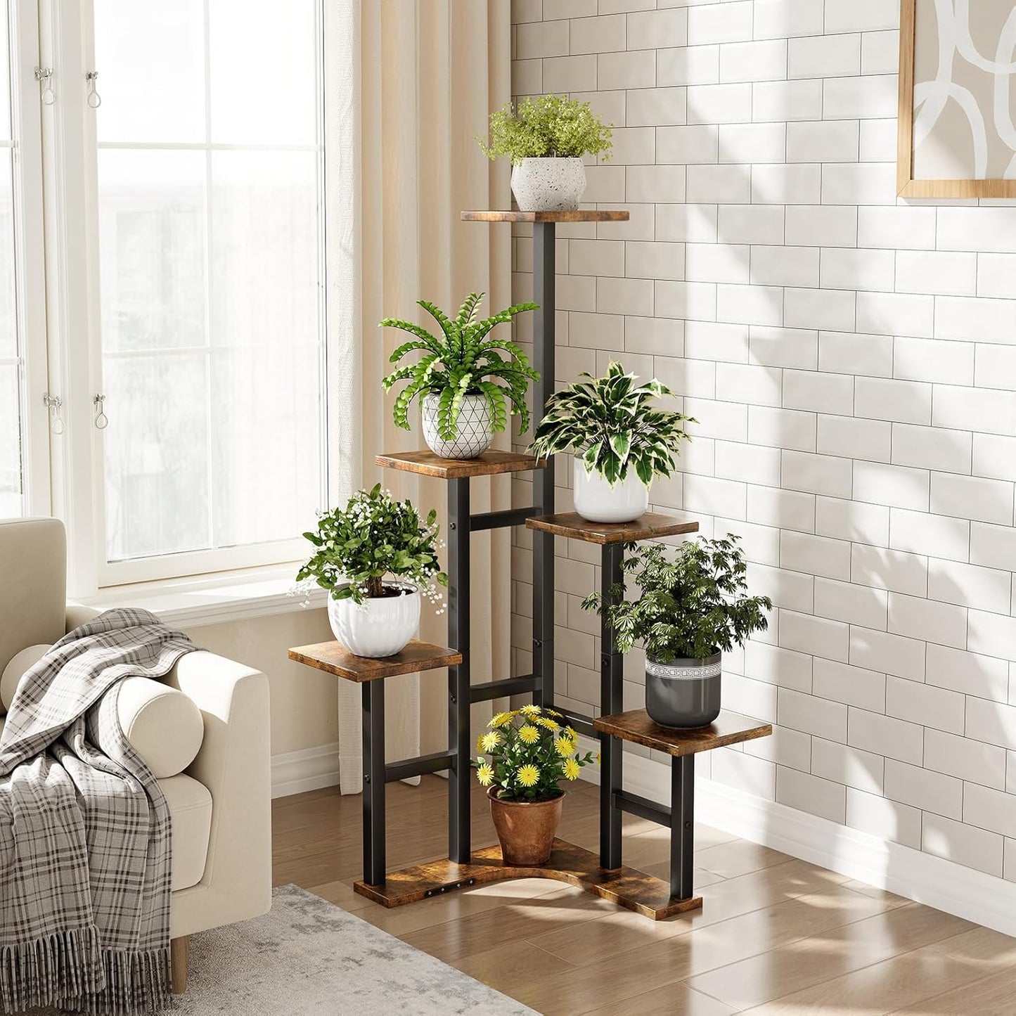 Corner Plant Stand Indoor, 6 Tiered Corner Plant Shelf Flower Stand for Multiple Plants, Plant Shelves Organizer Rack for Living Room, Balcony, Patio, Garden, Square Rustic Brown