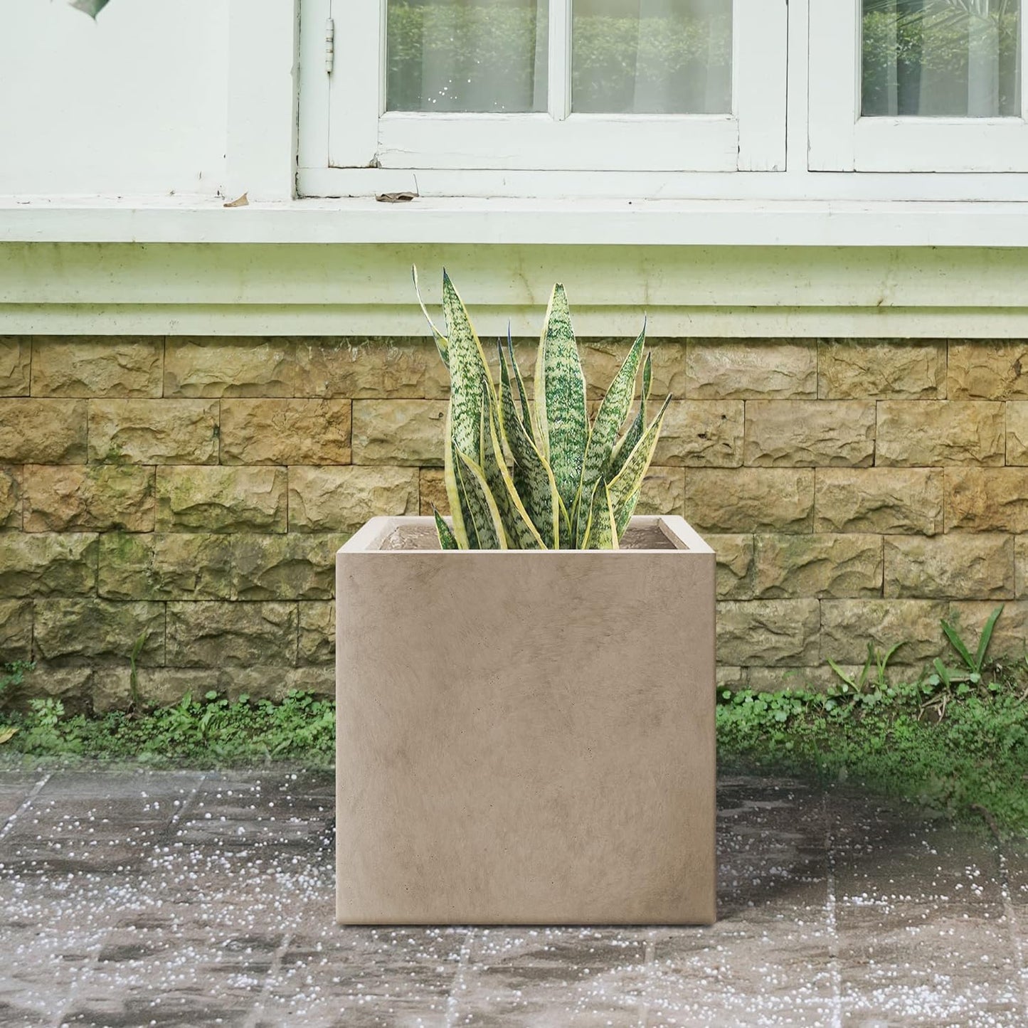 Kante 10 Inch Square Concrete Planter for Outdoor Indoor Home Patio Garden, Large Plant Pot with Drainage Hole and Rubber Plug, Weathered Concrete