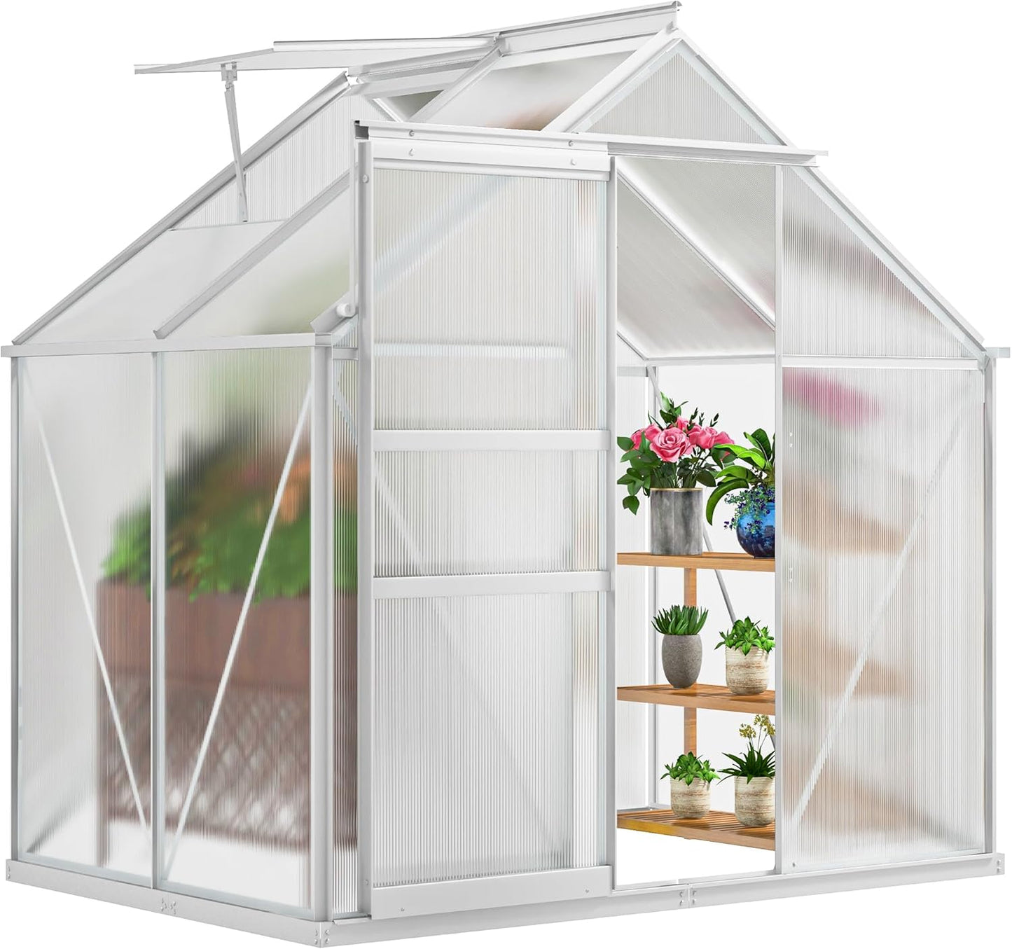 DWVO 6x4FT Polycarbonate Greenhouse Heavy Duty Green Houses Outdoor Aluminum Greenhouses with Sliding Doors Vent Window Premium Walk-in Greenhouse Large Sun House for Garden Backyard, Silver