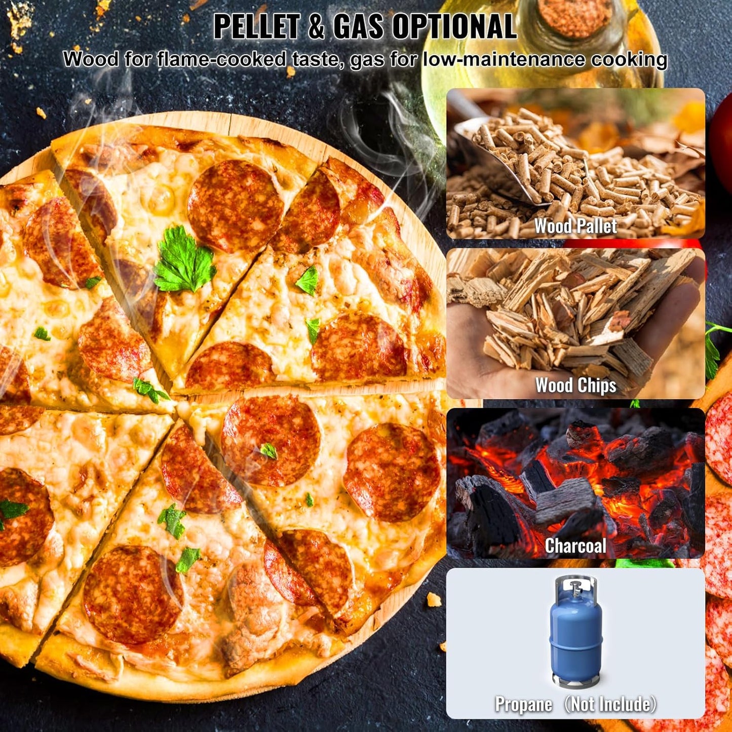 VEVOR Dual Fuel Pizza Oven Outdoor, 12 Inch Wood Fire & Propane Gas Pizza Oven, Pellet & Propane Pizza Maker with Thermometer, Foldable Leg, Stainless Steel Pizza Cook for Outside Camping & Backyard