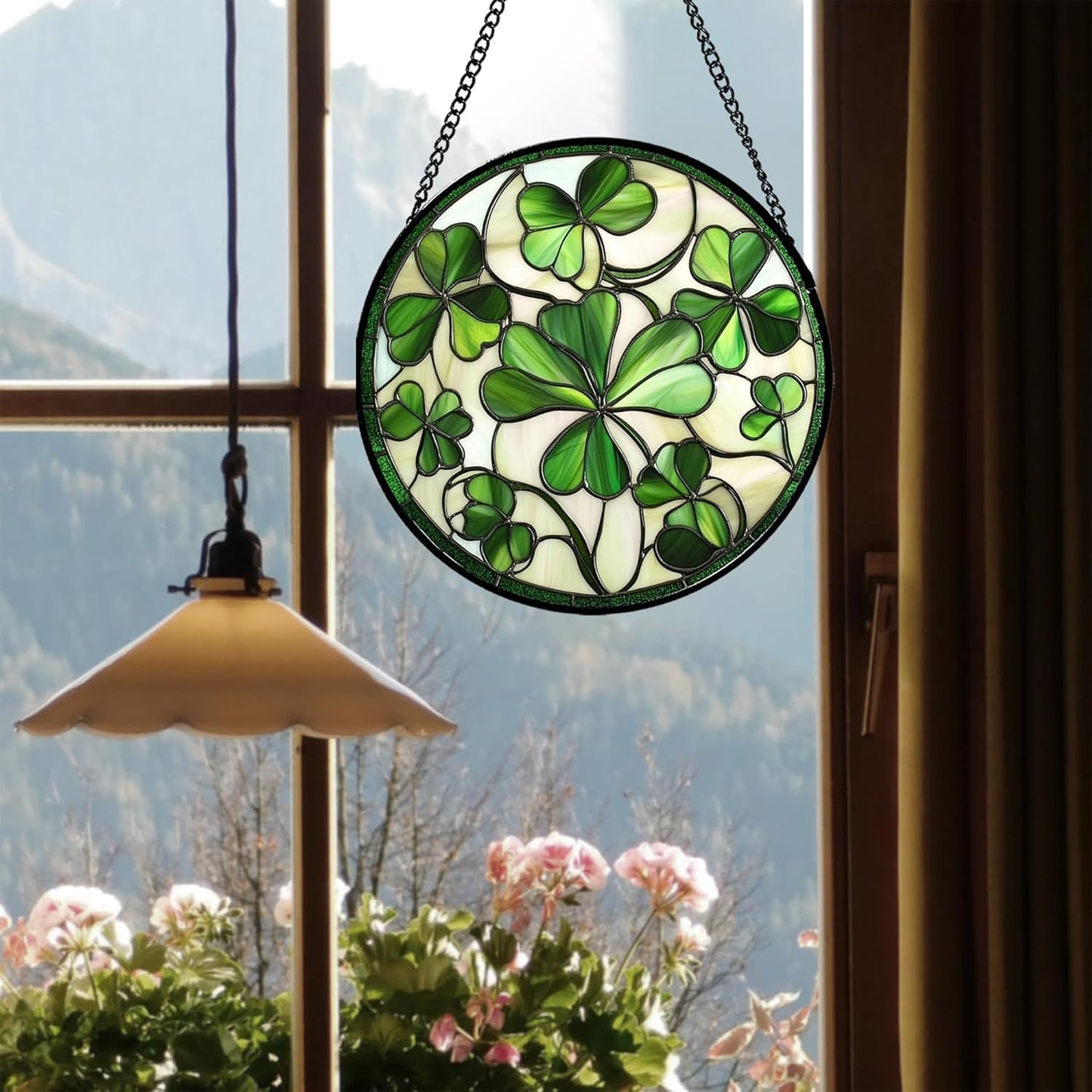 Stained Glass Window Hanging - Green Clover Flowers Suncatcher for Doors Garden St. Patrick's Day Plant Floral Sun Catchers Decor Mother's Day Birthday Gifts for Women Men Mom Nana 15 in
