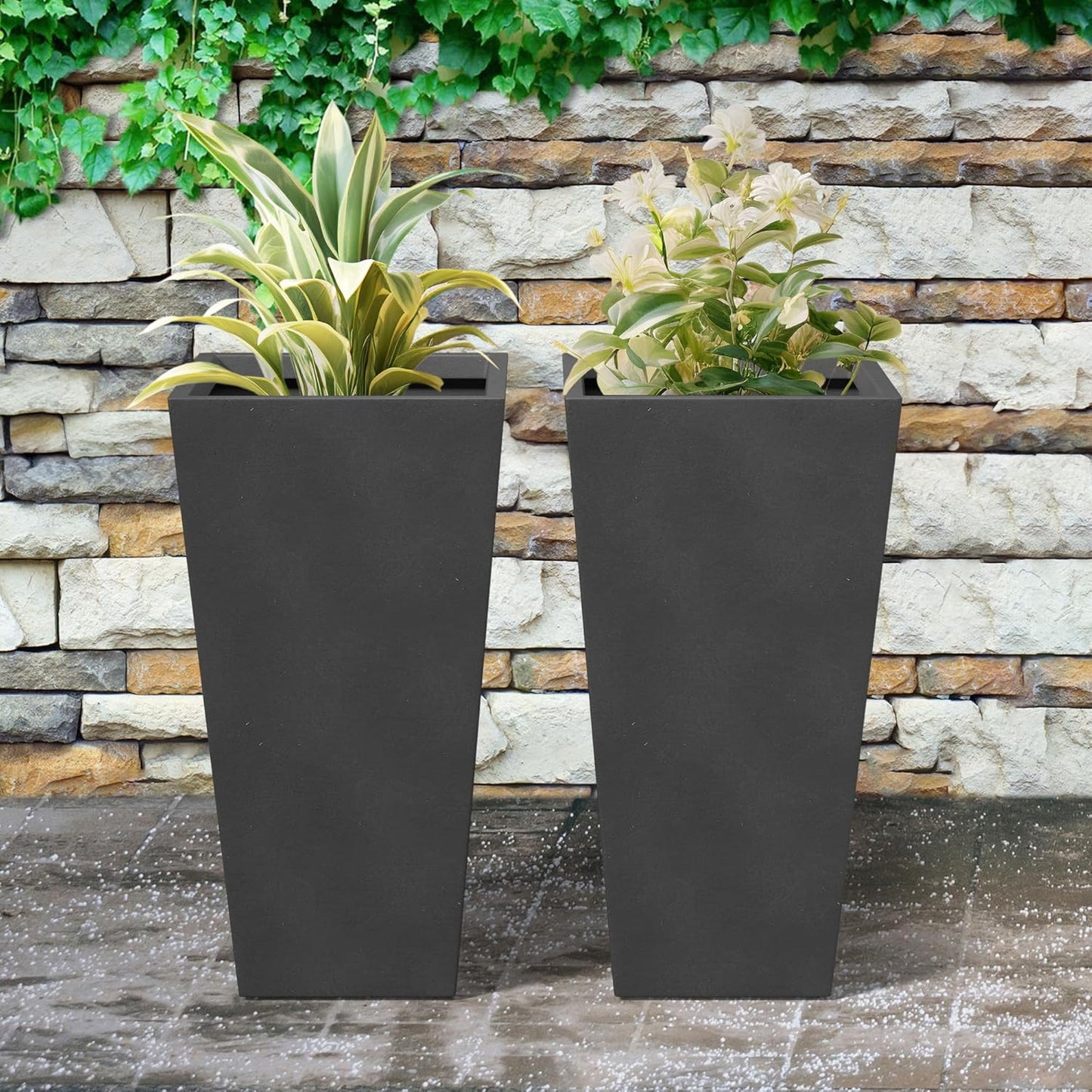 Kante 24.4 Inch Tall Tapered Concrete Planter (Set of 2), Modern Style Large Plant Pot with Drainage Hole and Rubber Plug for Patio, Backyard, Porch, Suitable for Indoor Outdoor Plants, Black