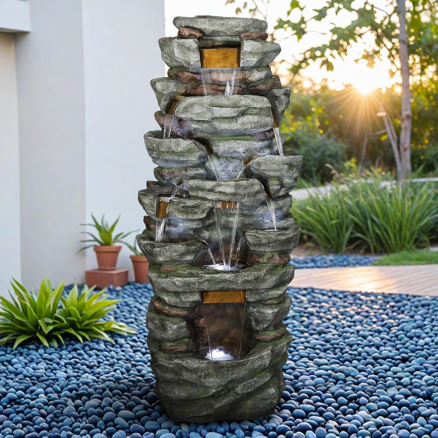 SunJet 79" High Multi-Tiers Cascading Rock Outdoor Water Fountain with LED Lights - Large Outdoor Fountains and Waterfalls for Garden or Patio, Yard, and Deck Decor, Featuring Natural Stone Look