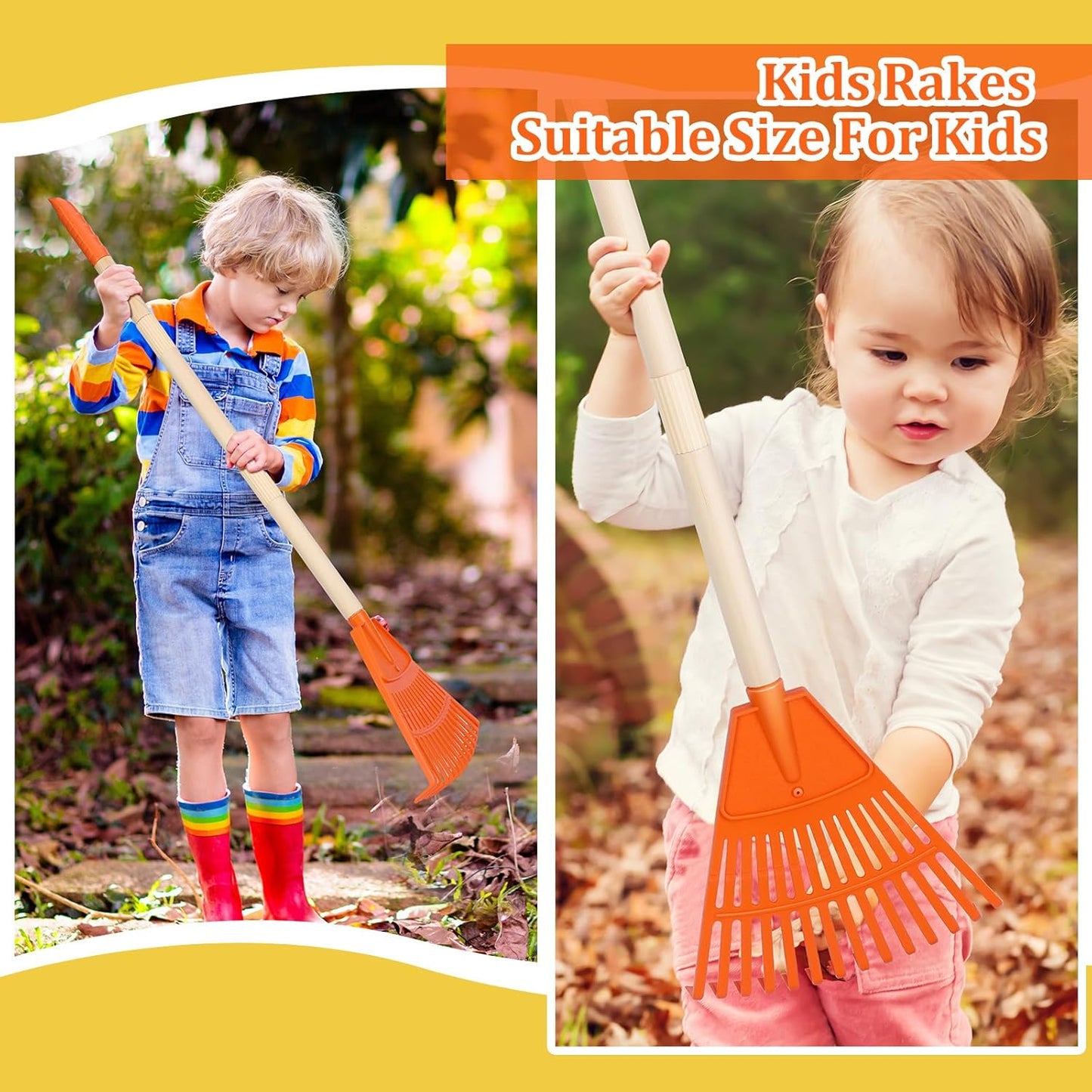 Therwen 12 Pcs Kids Rakes for Leaves 31'' Child Size Plastic Lawn Rakes, Garden Rakes with Plastic Rake Head and Wooden Handle, Kids Gardening Tools for Camping Debris Flower Beds, Boys Girls Gifts