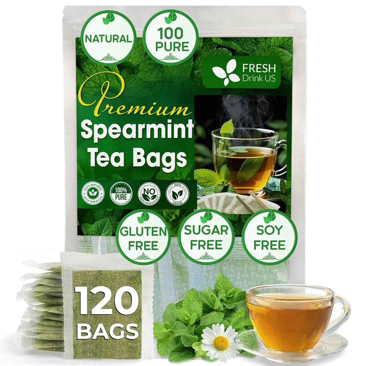 FreshDrinkUS, Premium 120 Spearmint Tea Bags, 100% Natural & Pure from Spearmint Leaves. Loose Leaf Spearmint Herbal Tea. Made with Natural Material Tea Bags. No Sugar, No Caffeine, No Gluten, Vegan.