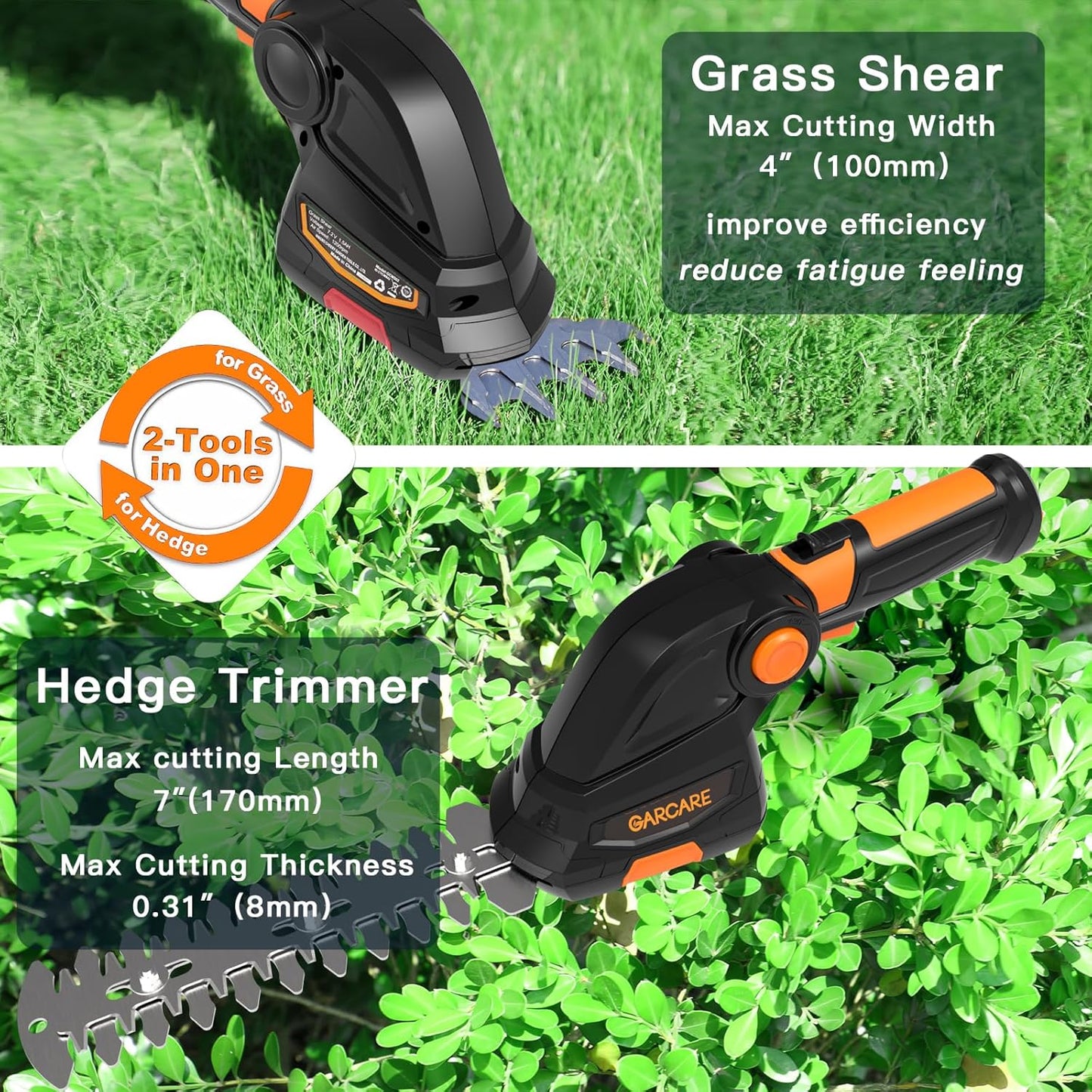 GARCARE 2 in 1 Grass Shear Cordless 7.2V Bush Timmer Handheld Grass Cutter for Shrub, Garden and Lawn Built-in 1500mAh Lithium Battery with 60min Fast Charger